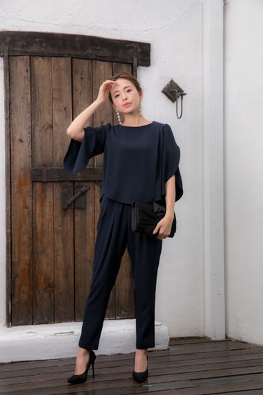 BELINDA DE CAPRIS チューリップスリーブ セットアップ パンツドレス ネイビー Lサイズ