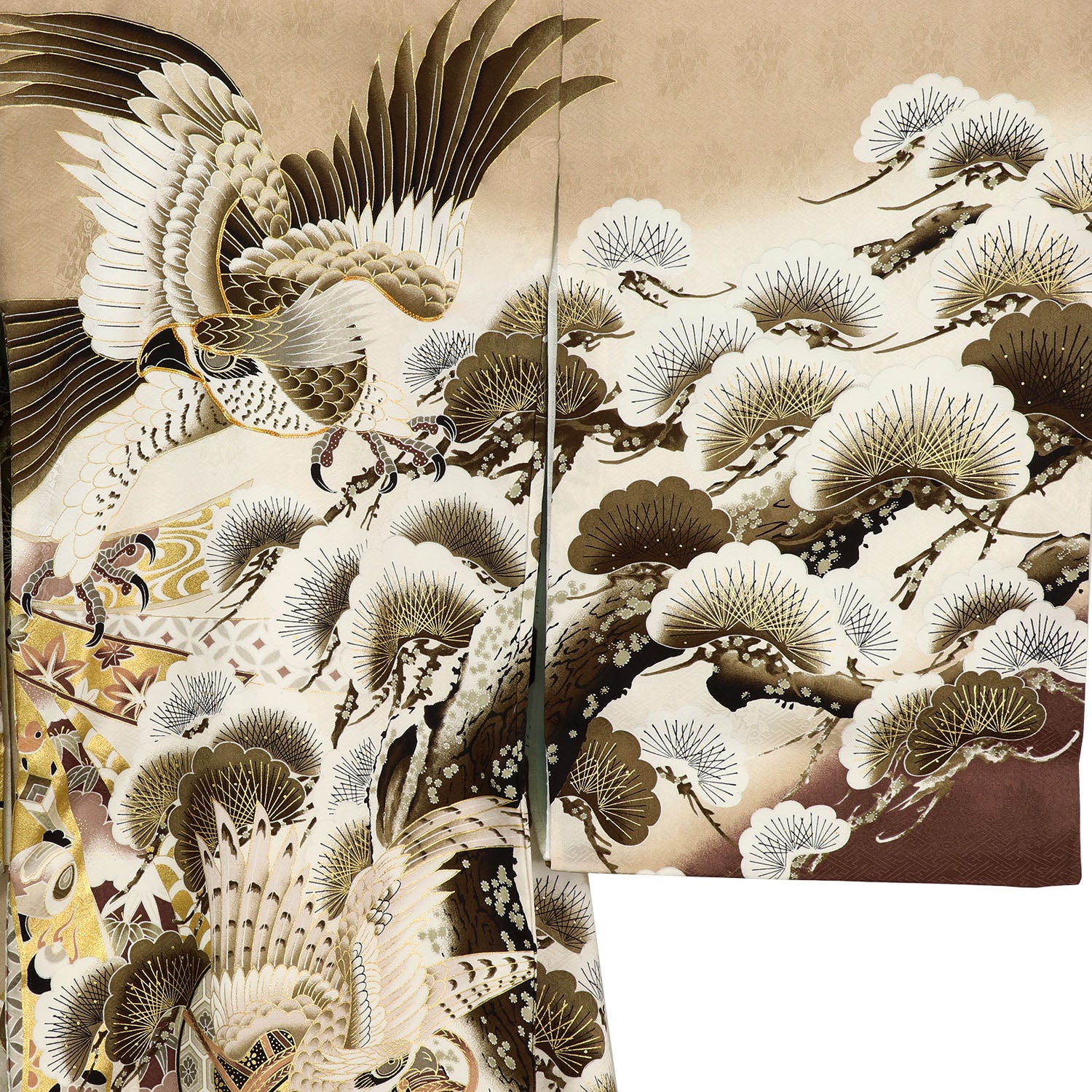 [レンタル] 男の子 お宮参り 産着 レンタル6点フルセット 正絹 二羽鷹に束熨斗と鼓 紗綾形のブラウン色ぼかしの宅配レンタル - 3