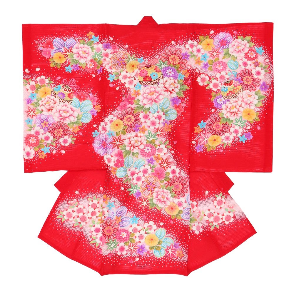 [レンタル] 女の子 お宮参り 産着・絽（夏用）レンタル6点フルセット 正絹 鞠 レッド