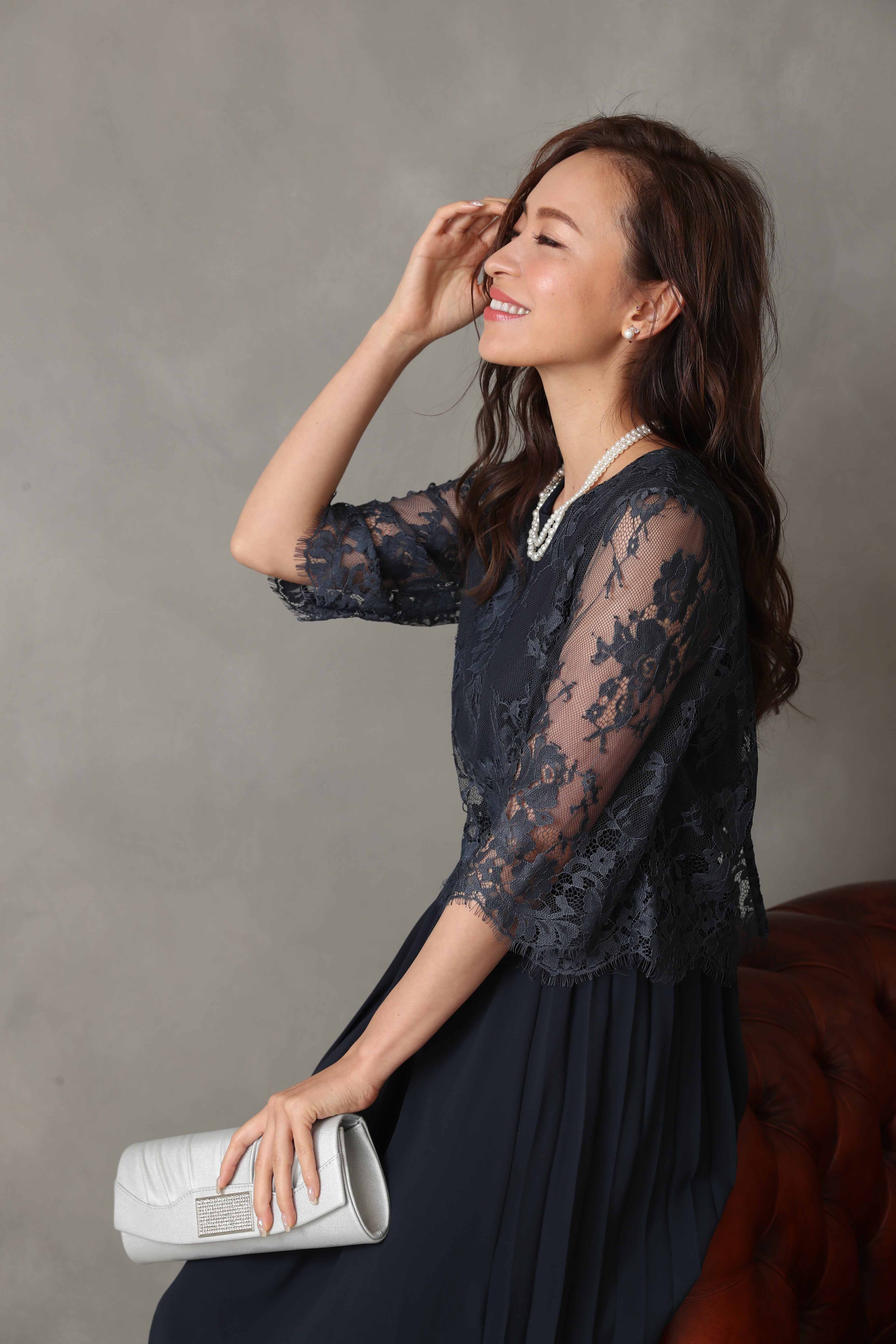 [レンタル] BELINDA DE CAPRIS サイドプリーツ レーススリーブ ワンピースドレス ネイビーの宅配レンタル - 47