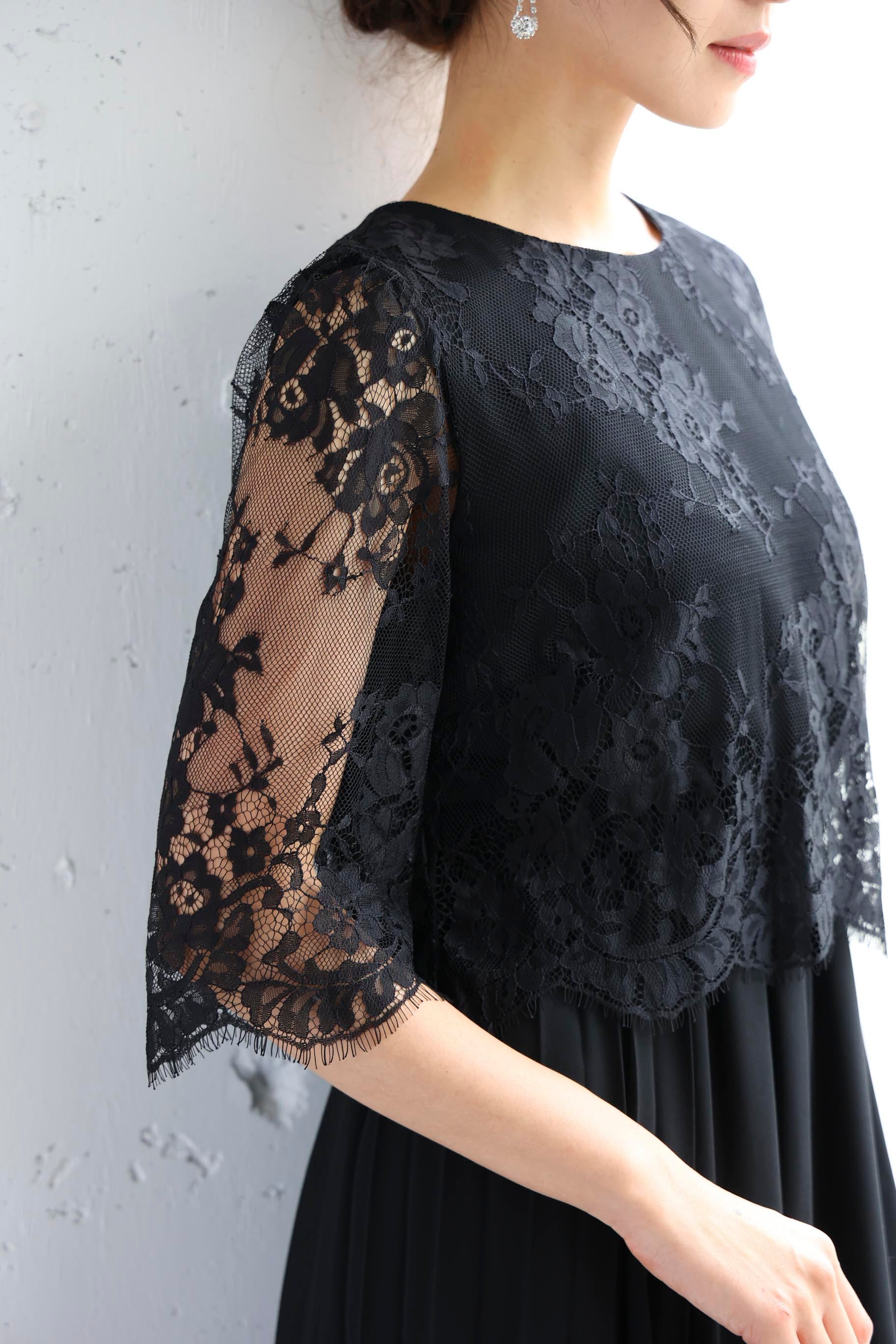 [レンタル] BELINDA DE CAPRIS サイドプリーツ レーススリーブ ワンピースドレス ブラックの宅配レンタル - 14