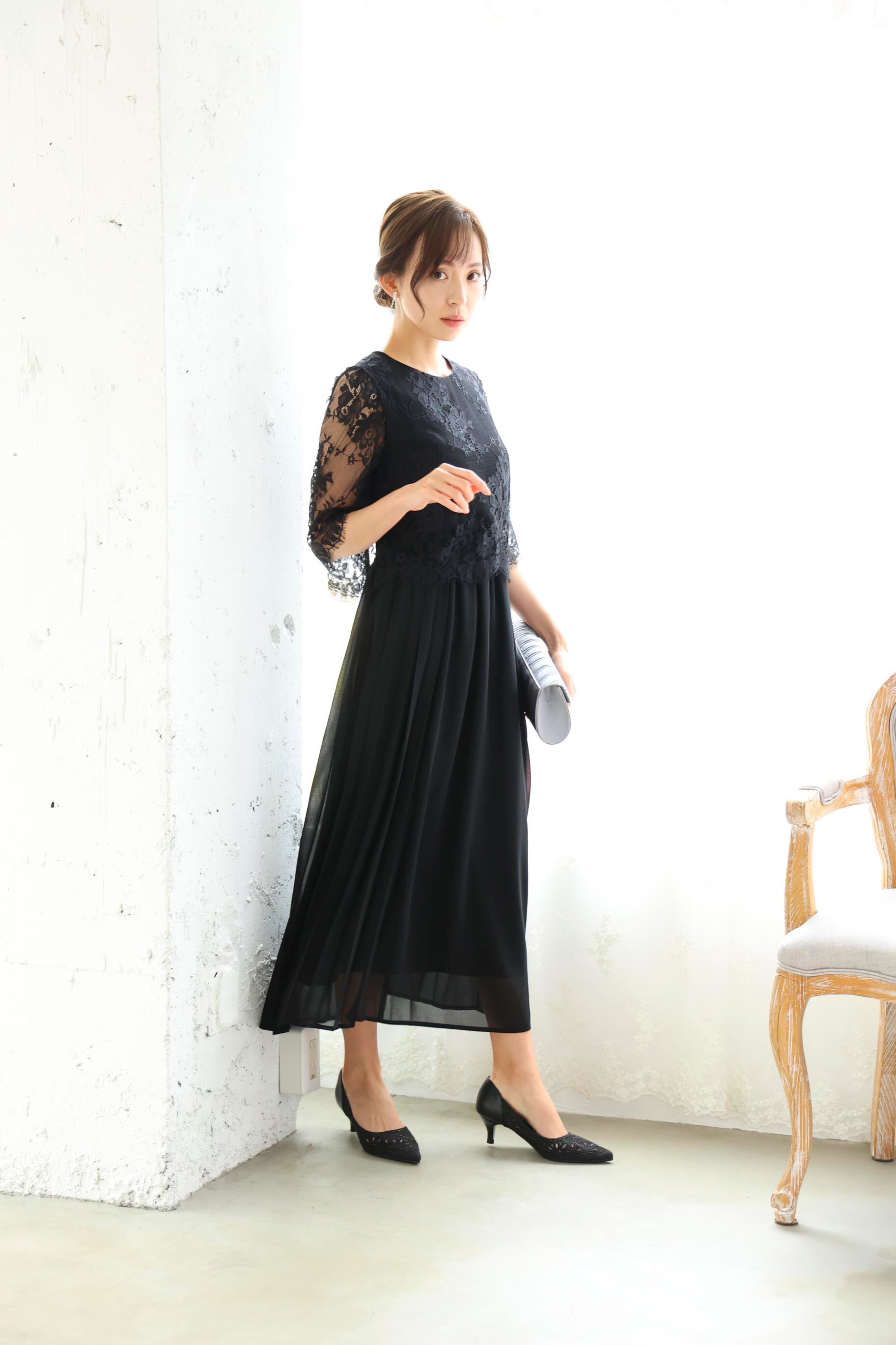 [レンタル] BELINDA DE CAPRIS サイドプリーツ レーススリーブ ワンピースドレス ブラックの宅配レンタル - 4