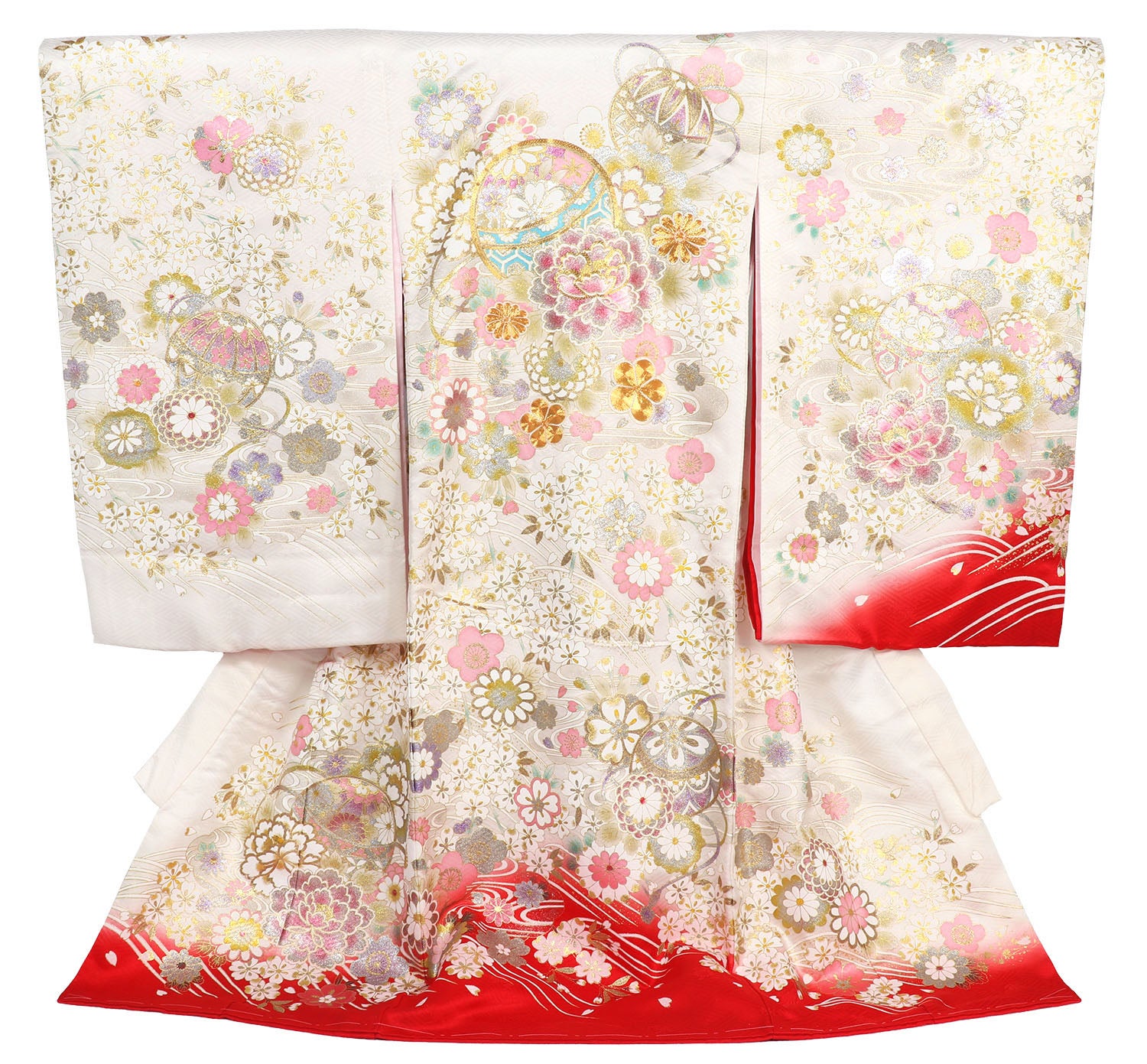 女の子 お宮参り 産着 レンタル6点フルセット 正絹 金駒刺繍の鞠に流水に桜 白色に赤ぼかし