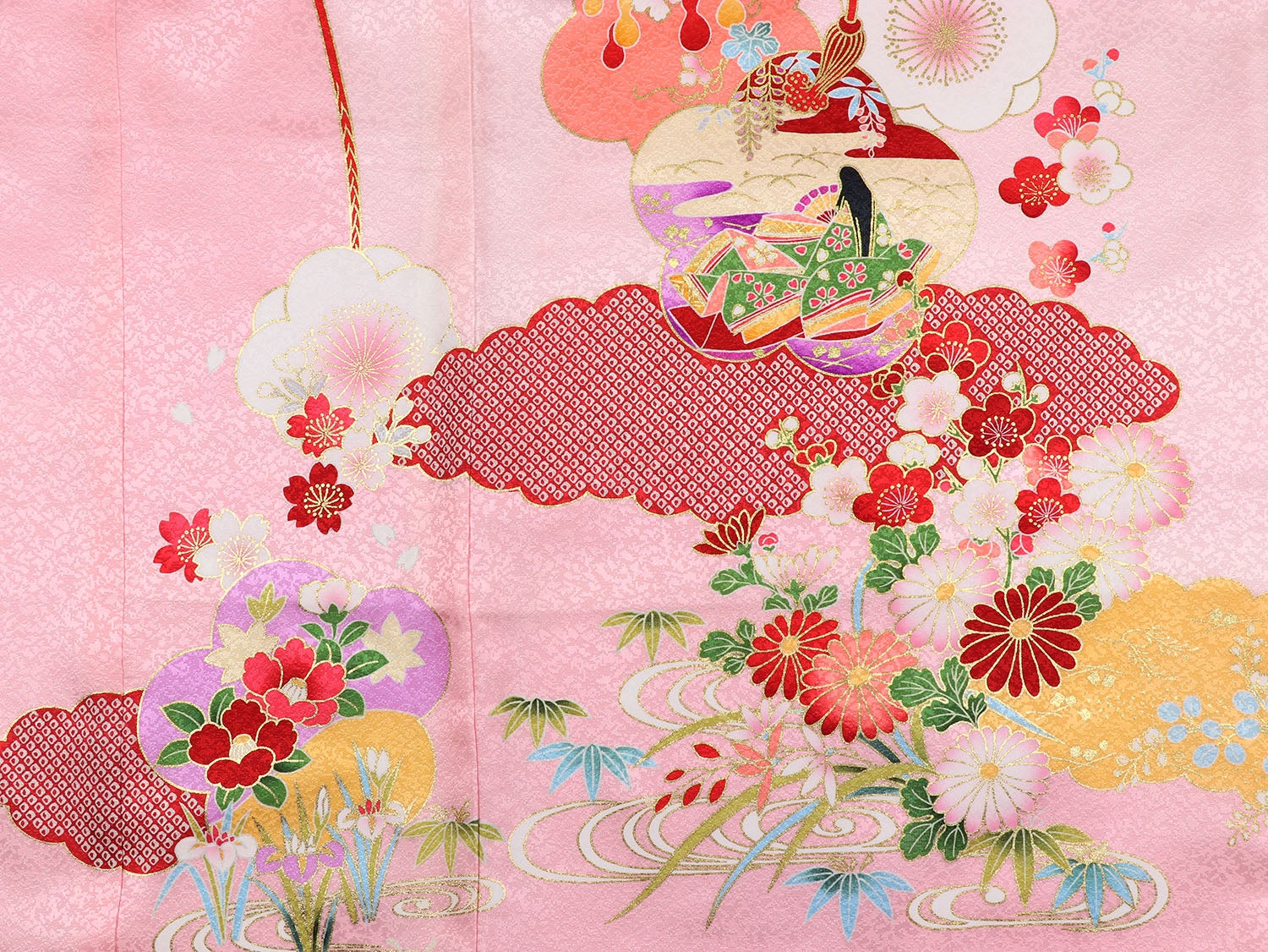 [レンタル] 女の子 お宮参り 産着 レンタル6点フルセット 正絹 十徳の花車 ピンク色の宅配レンタル - 5