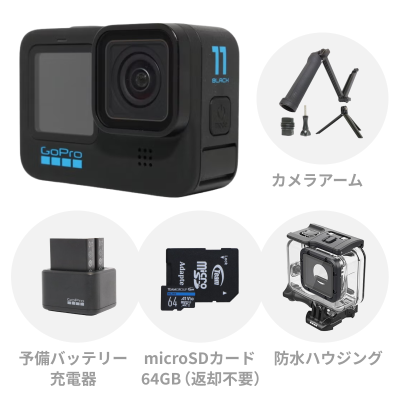 [レンタル] GoPro HERO11 Black 初心者セット (カメラアーム・予備バッテリー・充電器・防水ハウジング・64GBのmicroSDカード付き)のお試し・サブスク｜宅配レンタル・リースで借りる  - Rentio[レンティオ]