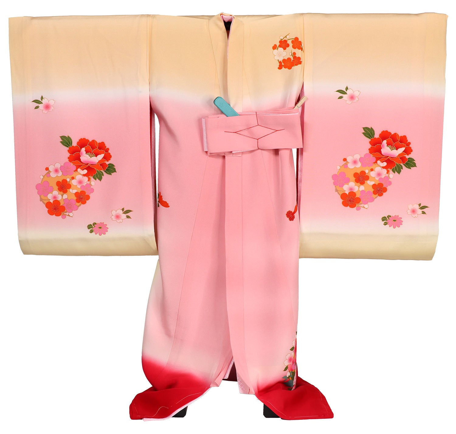 [レンタル] 女の子 お宮参り 産着 レンタル6点フルセット 正絹 牡丹の花車 クリーム色に赤ぼかしの宅配レンタル - 2