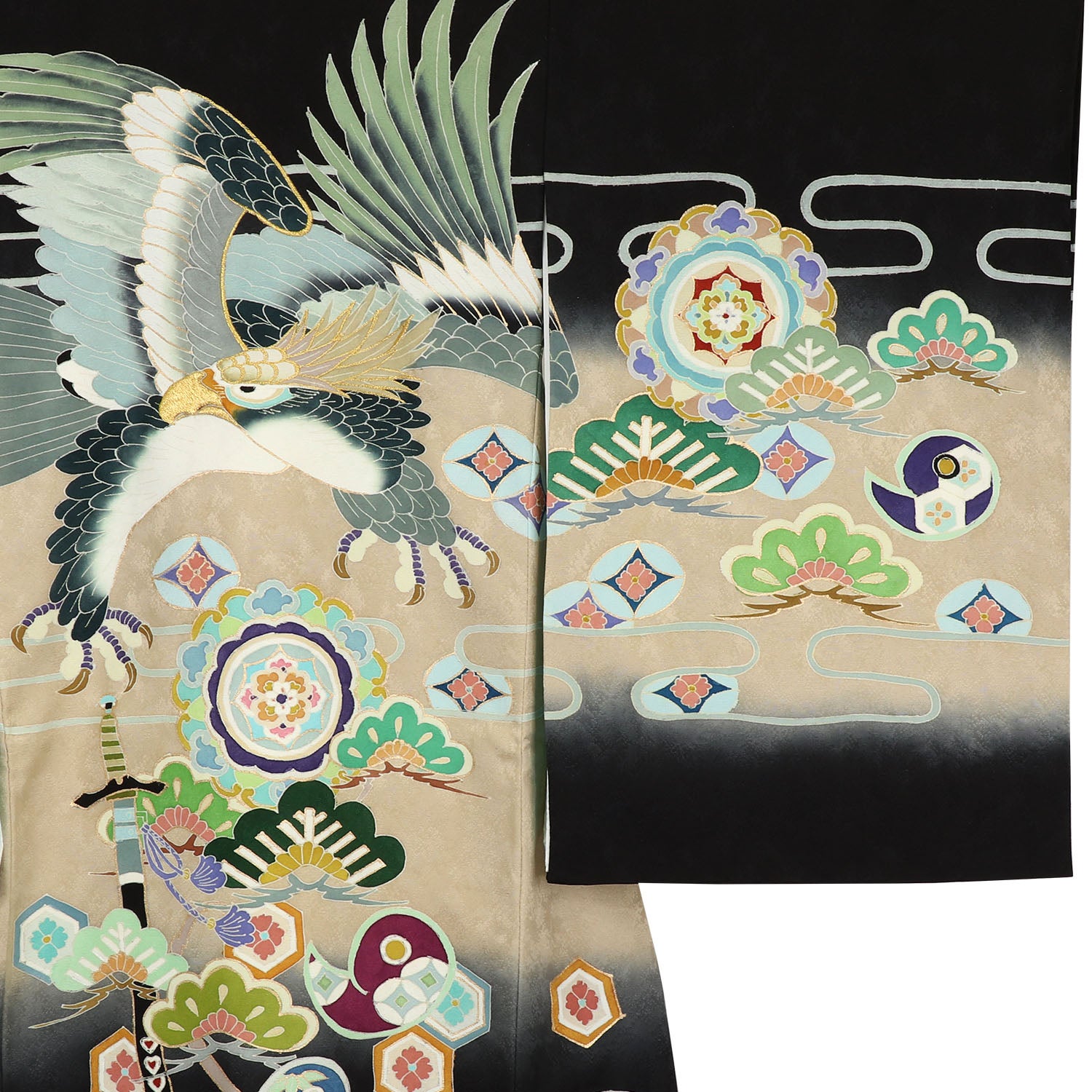 [レンタル] [手描友禅] 男の子 お宮参り 産着 レンタル6点フルセット 正絹 鷹に神器 黒色の宅配レンタル - 3