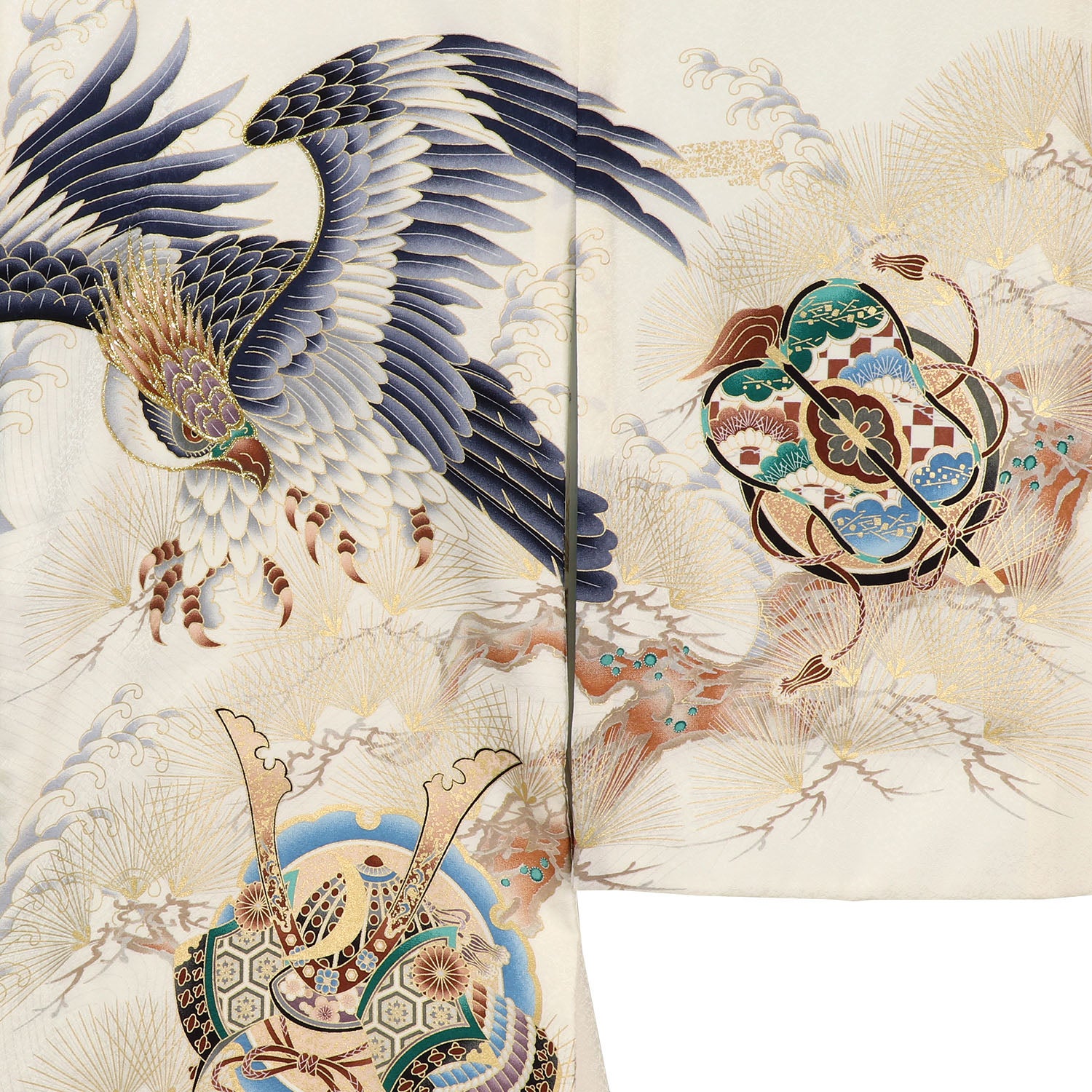 [レンタル] 男の子 お宮参り 産着 レンタル6点フルセット 正絹 飛翔する鷹に兜 白色の宅配レンタル - 3