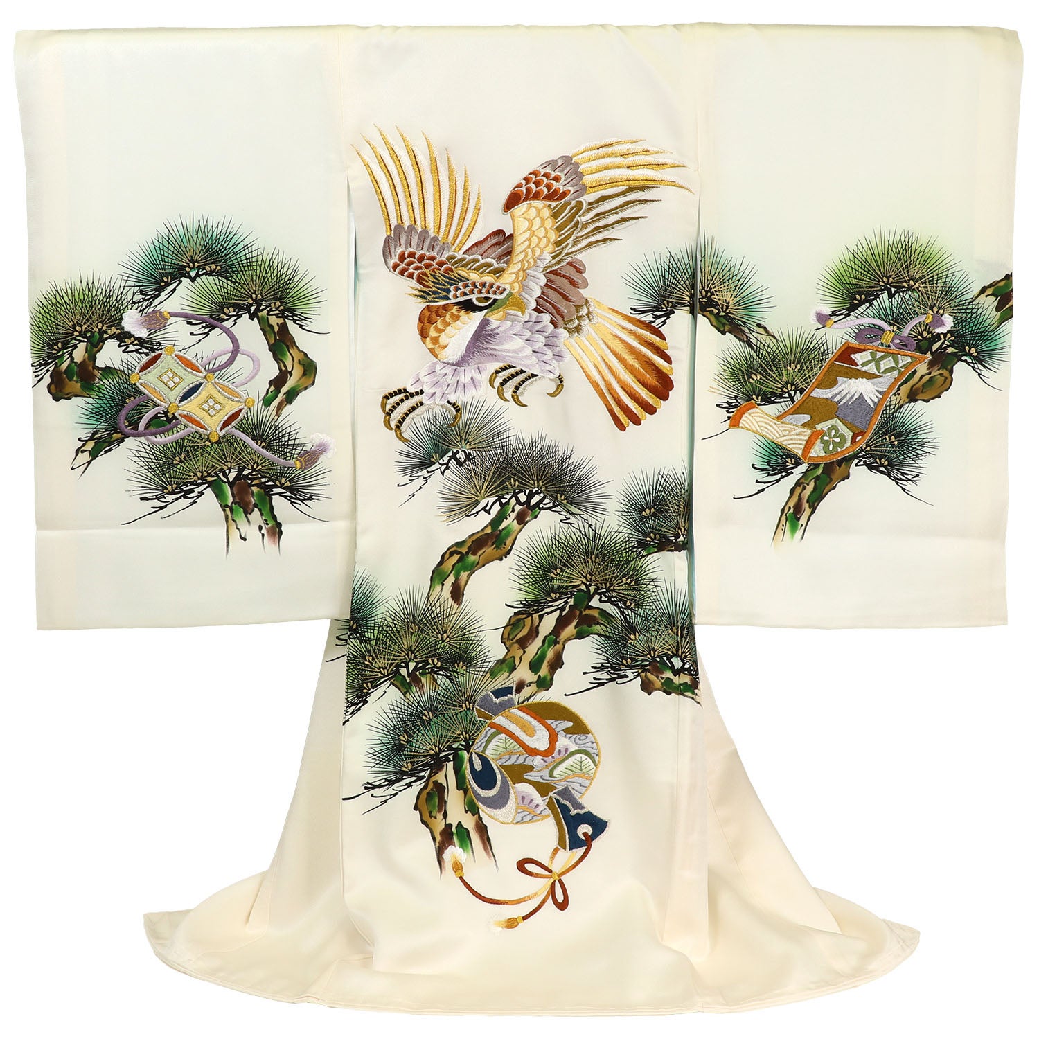 男の子 お宮参り 産着 レンタル6点フルセット 正絹 松と刺繍の鷹 白色