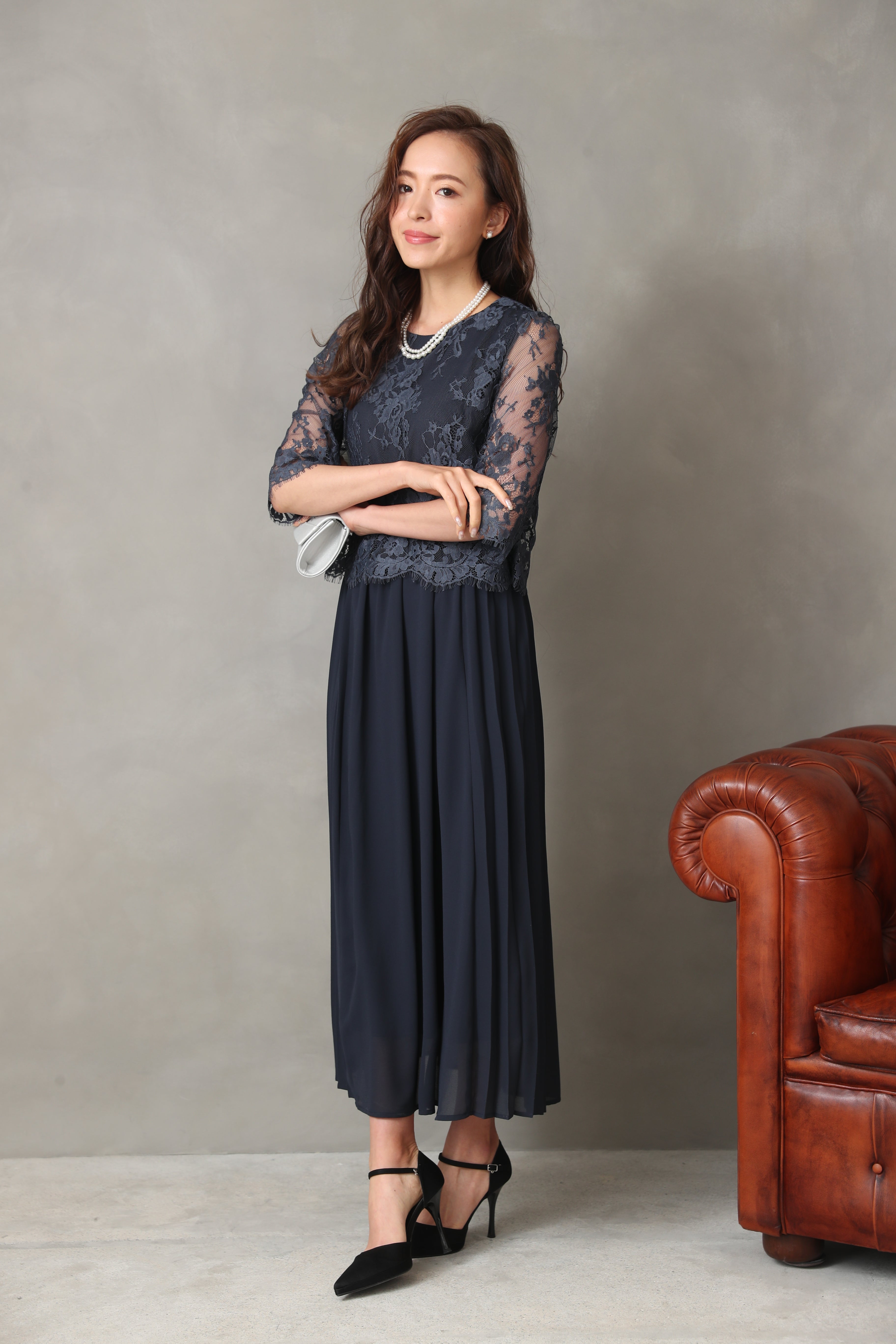 [レンタル] BELINDA DE CAPRIS サイドプリーツ レーススリーブ ワンピースドレス ネイビーの宅配レンタル - 5