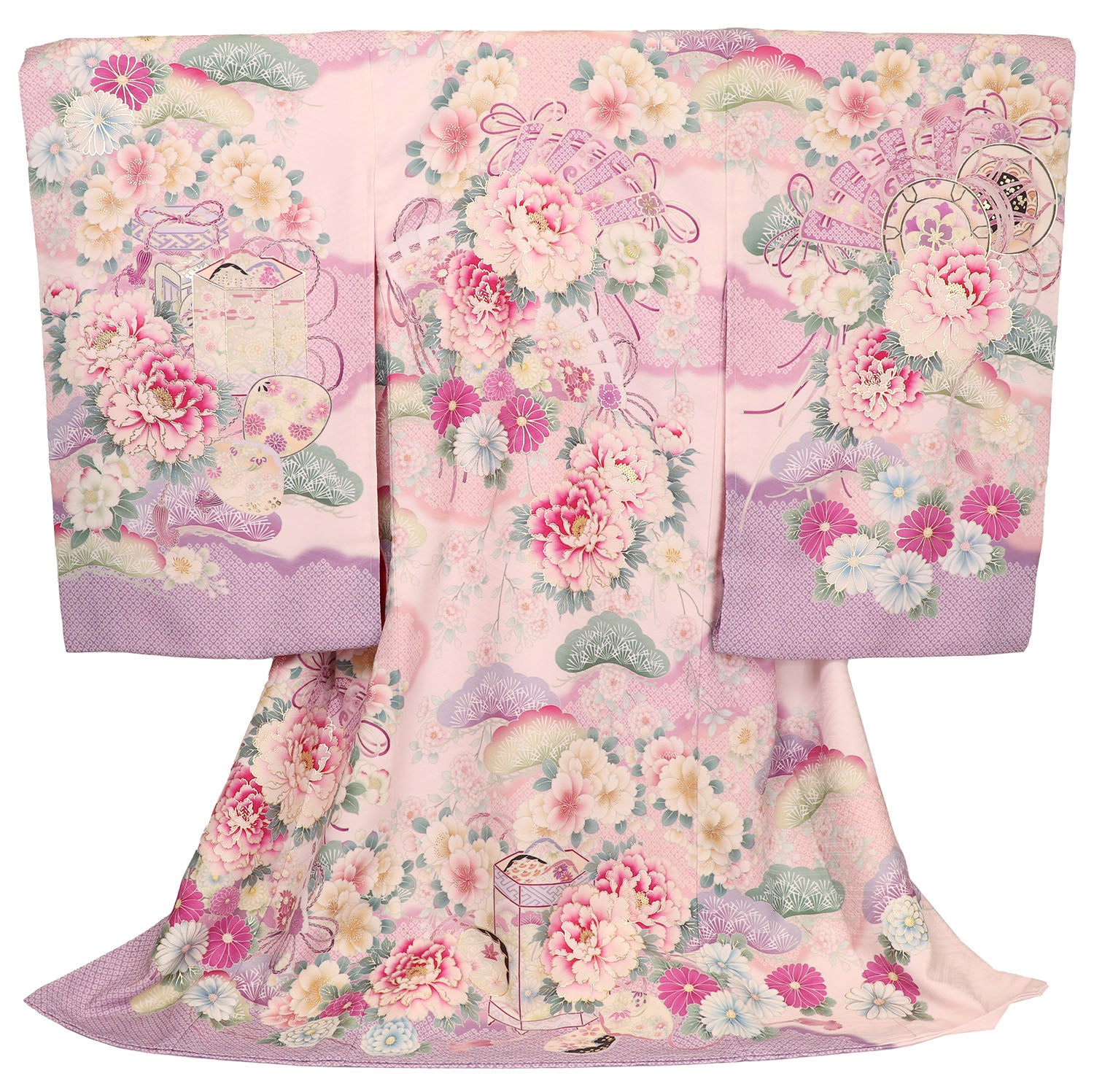 女の子 お宮参り 産着 京都丸紅 / 華徒然 レンタル6点フルセット 正絹 牡丹と檜扇と貝桶 ピンク色