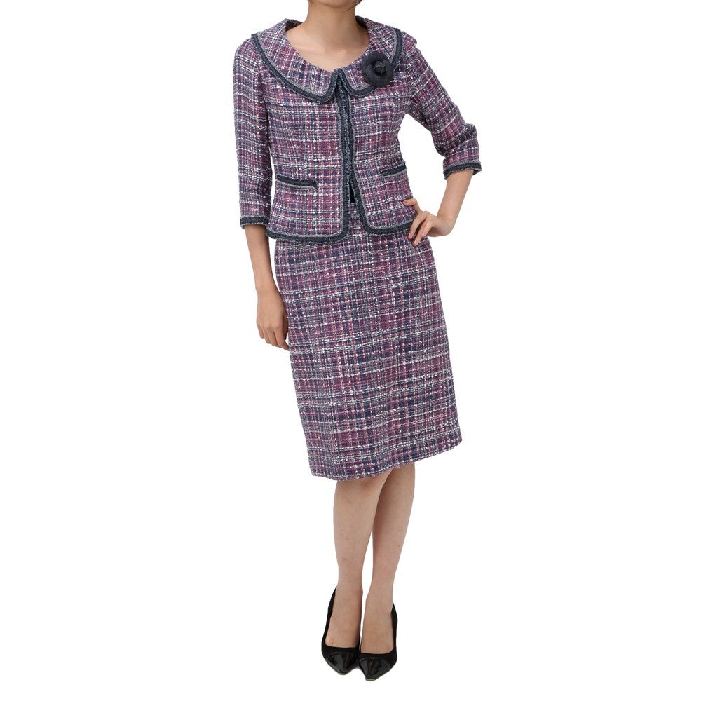 ルネ フェミニンチェック セレモニースーツ3点セット(ジャケット+スカート+コサージュ) パープルピンク