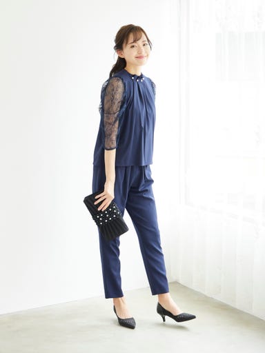 BELINDA DE CAPRIS パールボタン付き セットアップ パンツドレス ネイビー Lサイズ