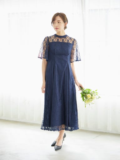BELINDA DE CAPRIS 総レースフレア袖 ハイネック ワンピースドレス ネイビー Lサイズ