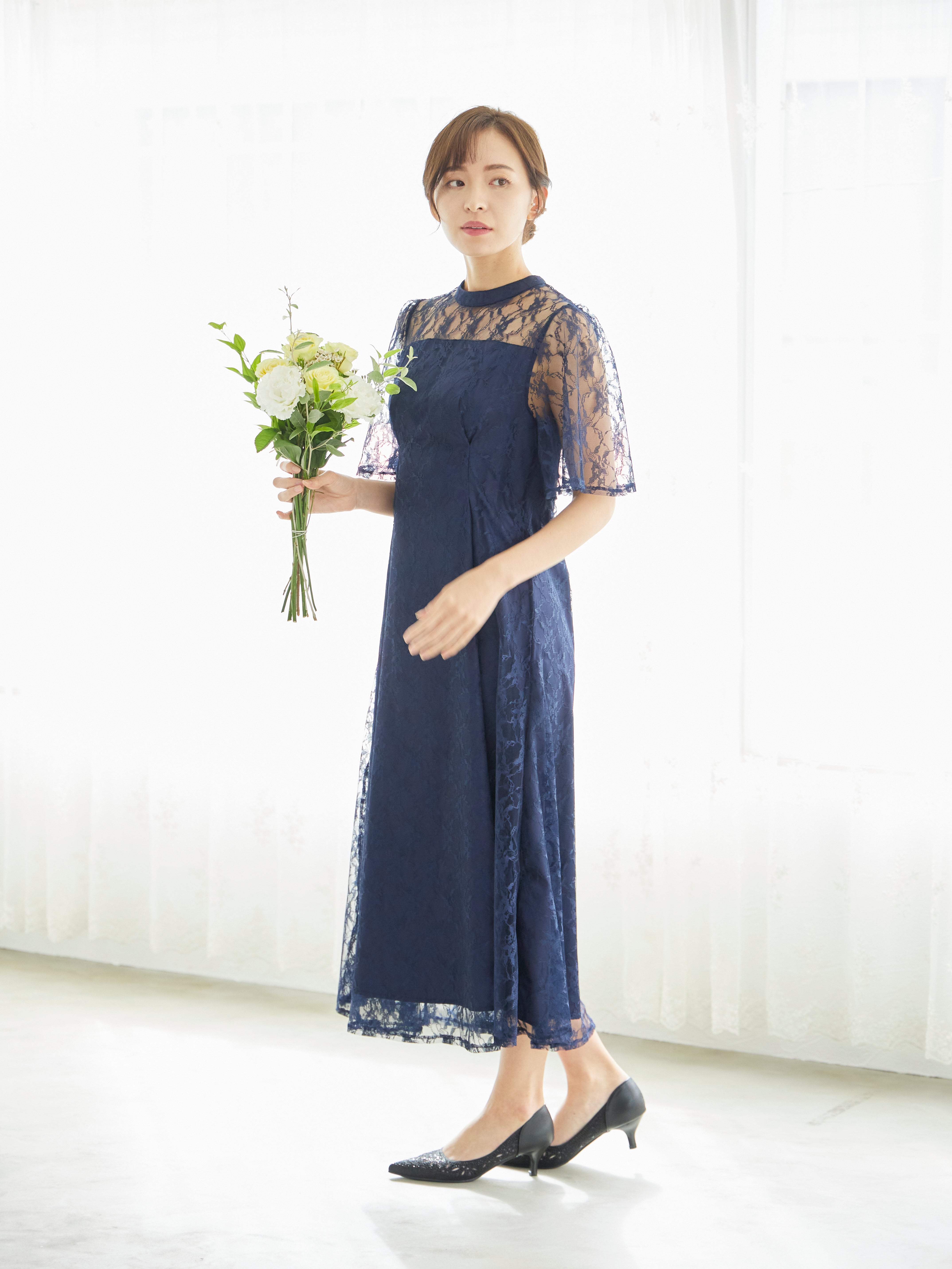 [レンタル] BELINDA DE CAPRIS 総レースフレア袖 ハイネック ワンピースドレス ネイビーの宅配レンタル - 13