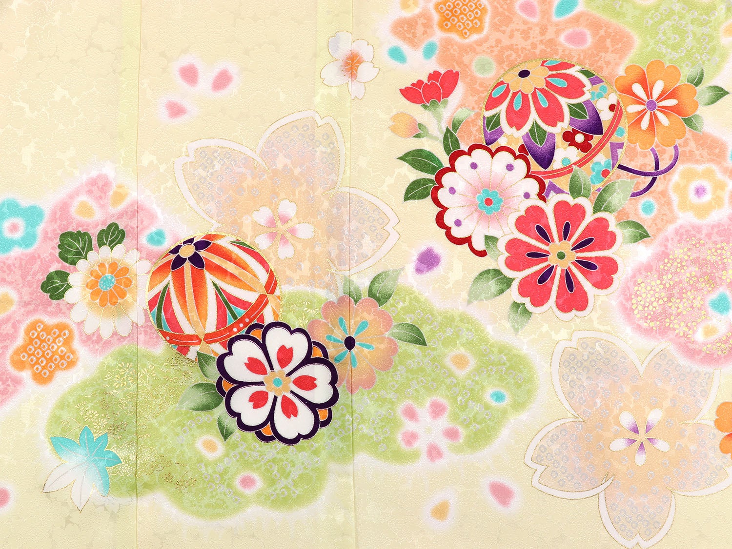 [レンタル] 女の子 お宮参り 産着 レンタル6点フルセット 正絹 鞠尽くし クリーム色の宅配レンタル - 5