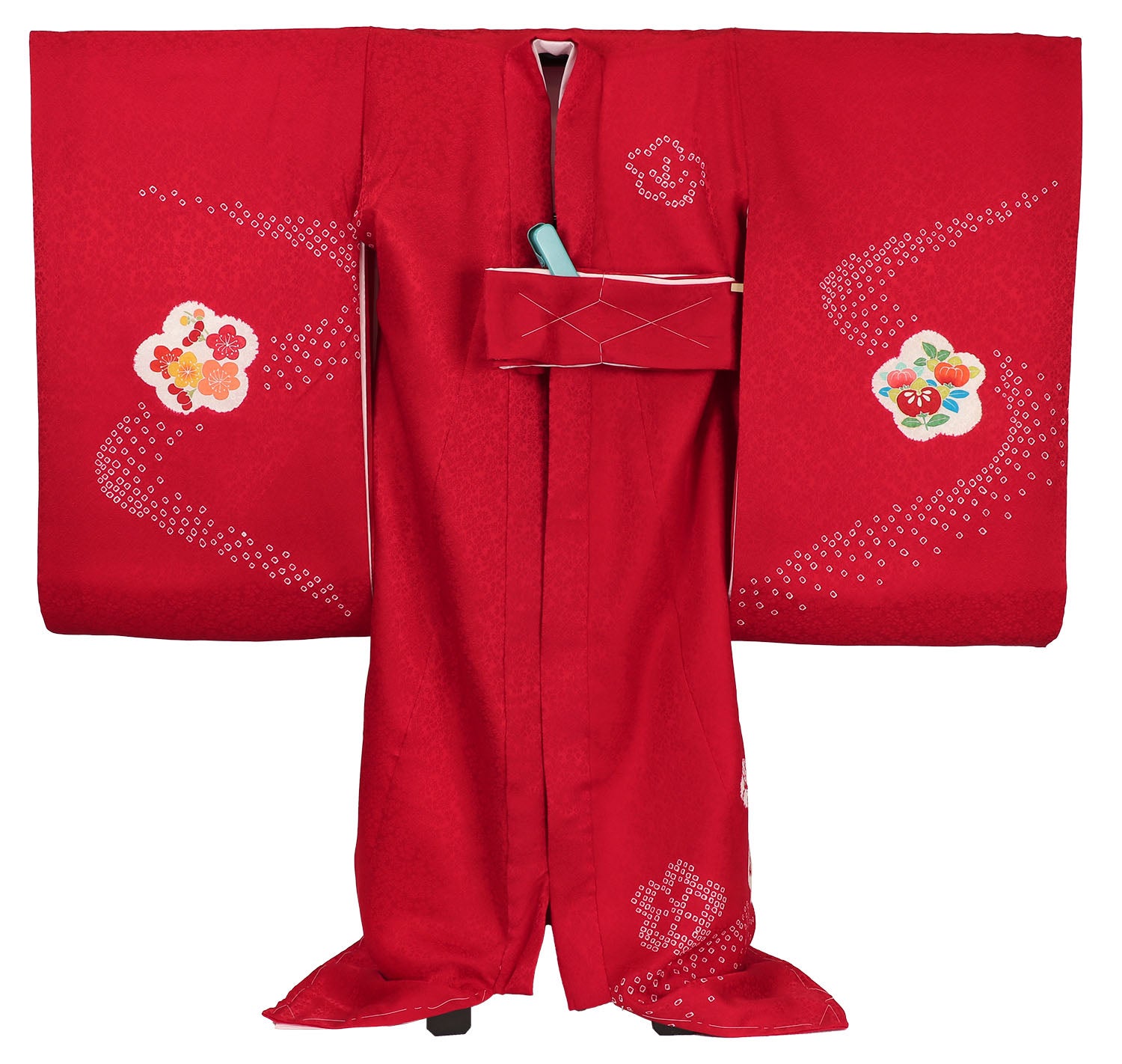 お宮参り　産着　祝着　赤　花車　鹿の子絞り柄　女の子　襦袢付き レンタル] 女の子 お宮参り 産着 レンタル6点フルセット 正絹 鈴