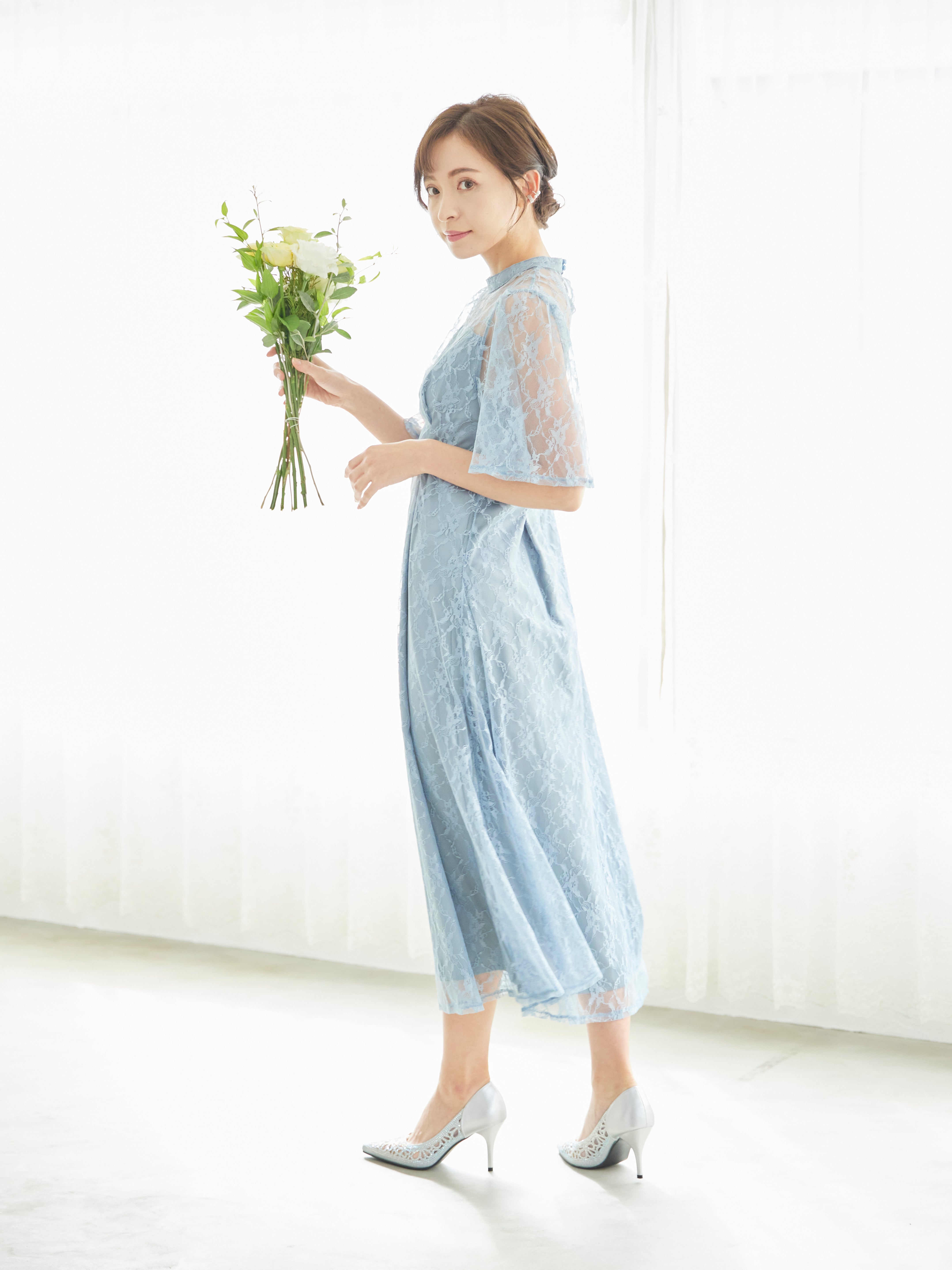 レンタル] BELINDA DE CAPRIS 総レースフレア袖 ハイネック ワンピース