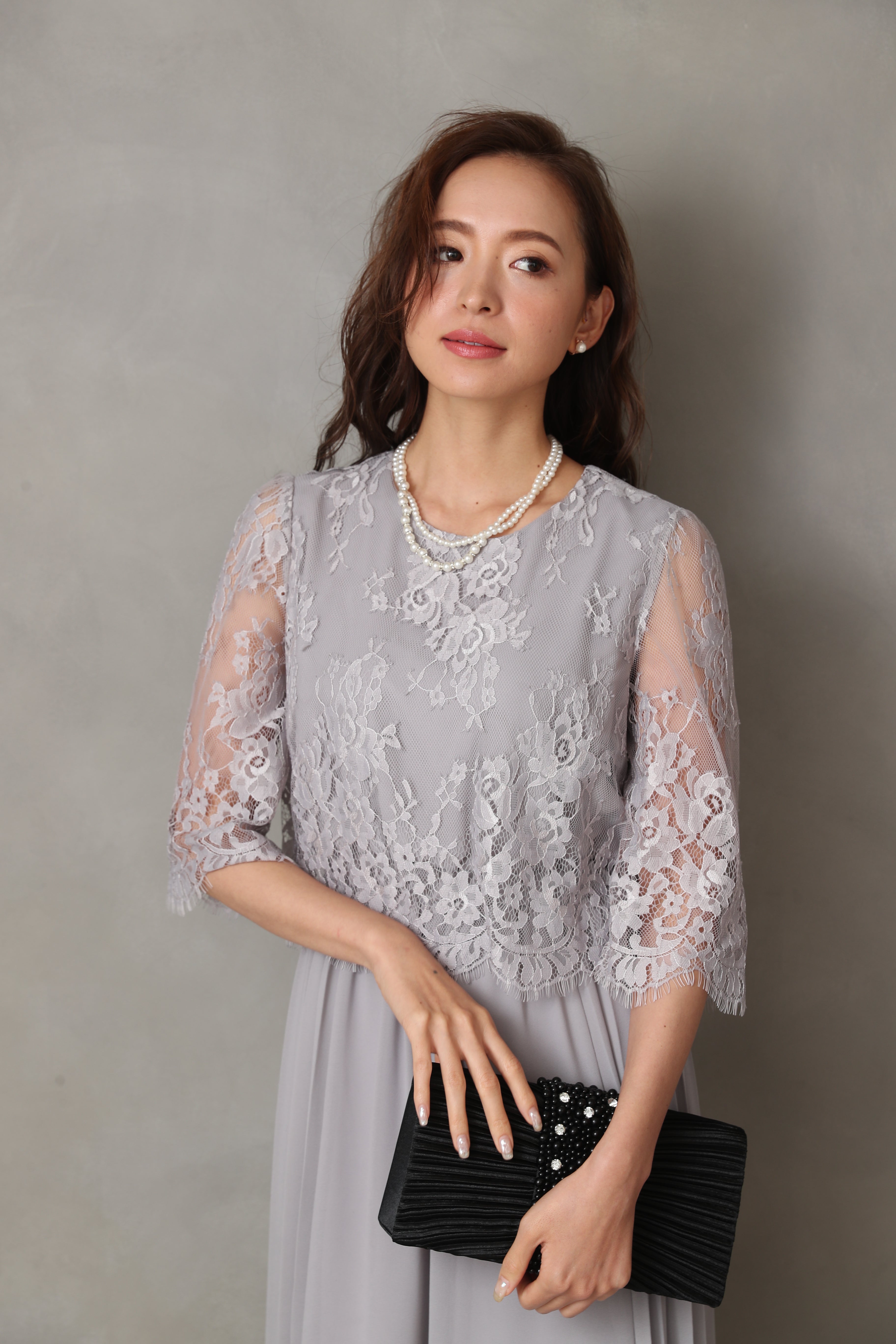 [レンタル] BELINDA DE CAPRIS サイドプリーツ レーススリーブ ワンピースドレス グレーの宅配レンタル - 26