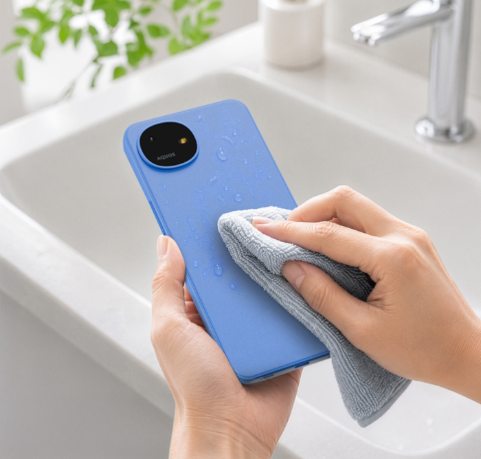 シャープ AQUOS wish6 水洗い後に拭き取るお手入れイメージ - 8