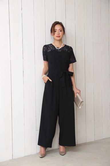 BELINDA DE CAPRIS 袖付きタックテーパード オールインワン パンツドレス ネイビー Mサイズ