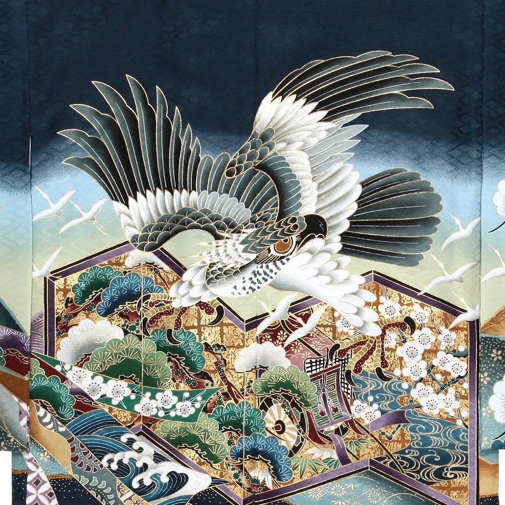 [レンタル] 七五三/節句 袴セット 3歳男の子 鷹 金色地紋 ネイビー