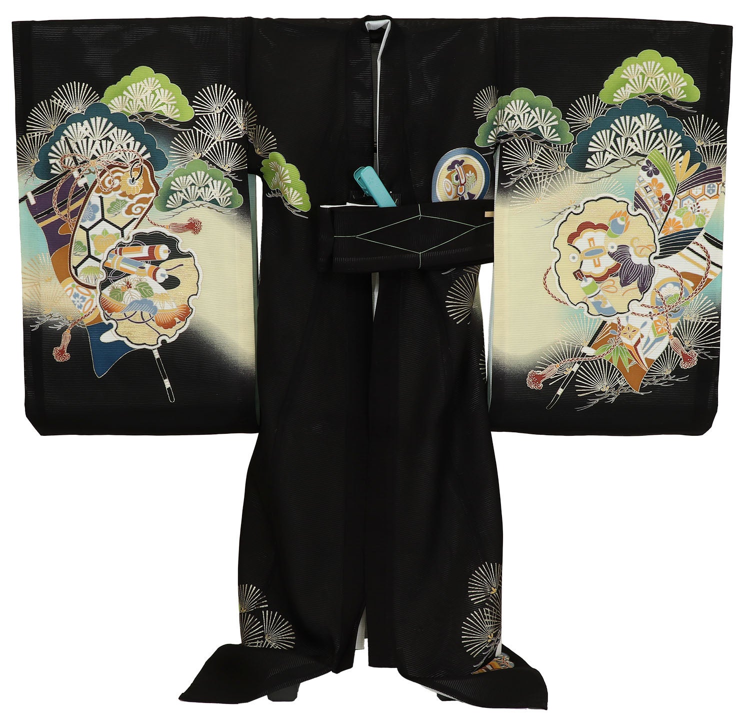 [レンタル] 男の子 お宮参り 産着 絽（夏用） レンタル6点フルセット 正絹 鷹に松+宝尽くし 黒色の宅配レンタル - 2