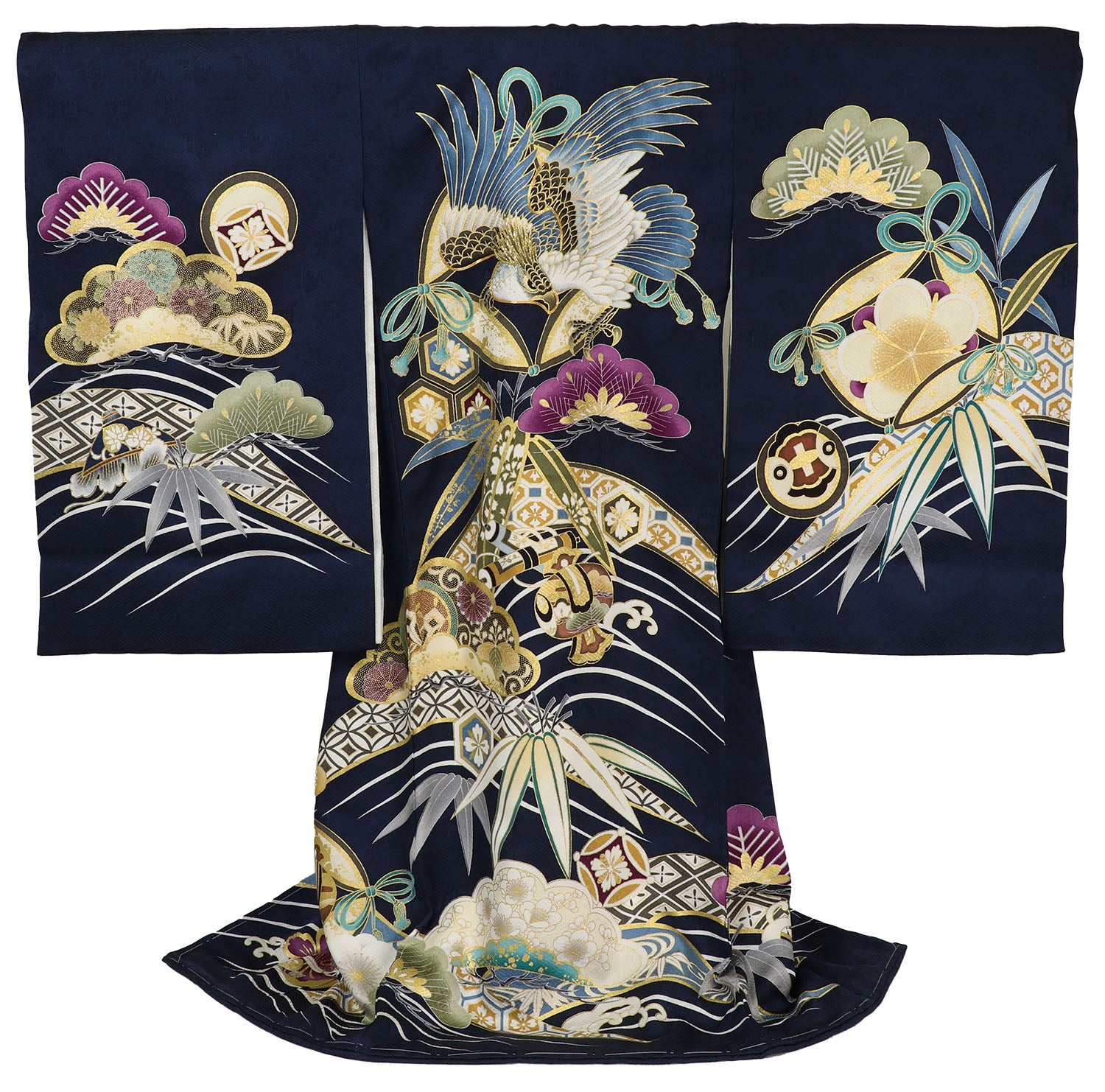 男の子 お宮参り 産着 レンタル6点フルセット 正絹 鷹に吉祥文様 紺色