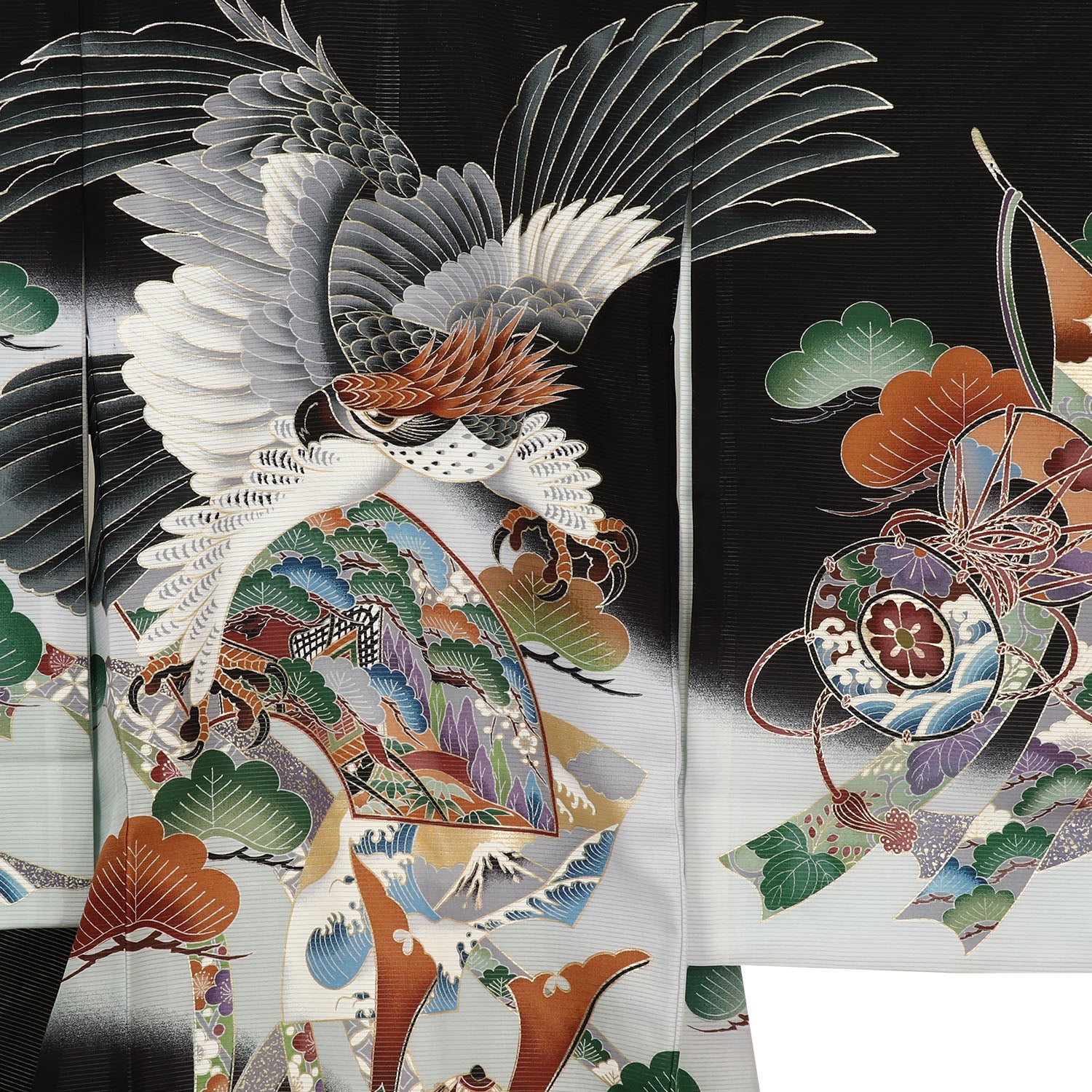 [レンタル] 男の子 お宮参り 産着 絽（夏用） レンタル6点フルセット 正絹 鷹に兜と松づくし 黒色の宅配レンタル - 3