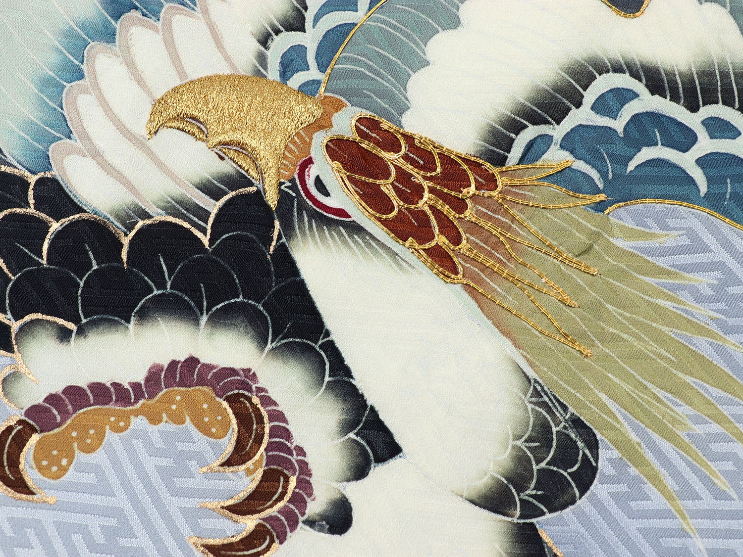 [レンタル] [手描友禅] 男の子 お宮参り 産着 手描友禅 レンタル6点フルセット 正絹 鷹と染め疋田 紗綾形グレー色の宅配レンタル - 5