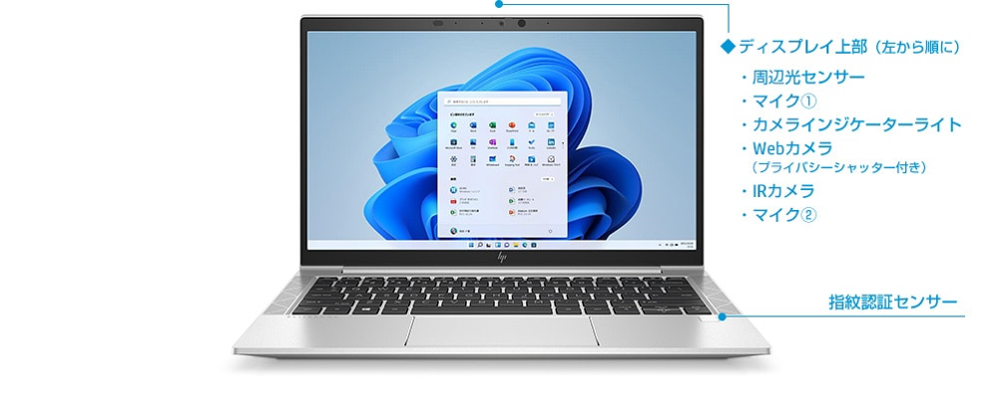 HP EliteBook 830 G8 ディスプレイ上部のセンサー類と指紋認証センサー - 14