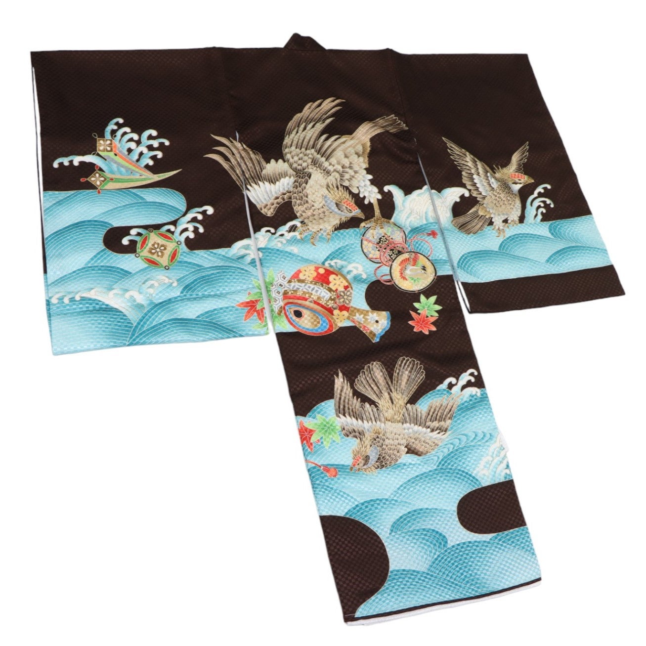 男の子 お宮参り 産着レンタル6点フルセット 鷹に波 こげ茶