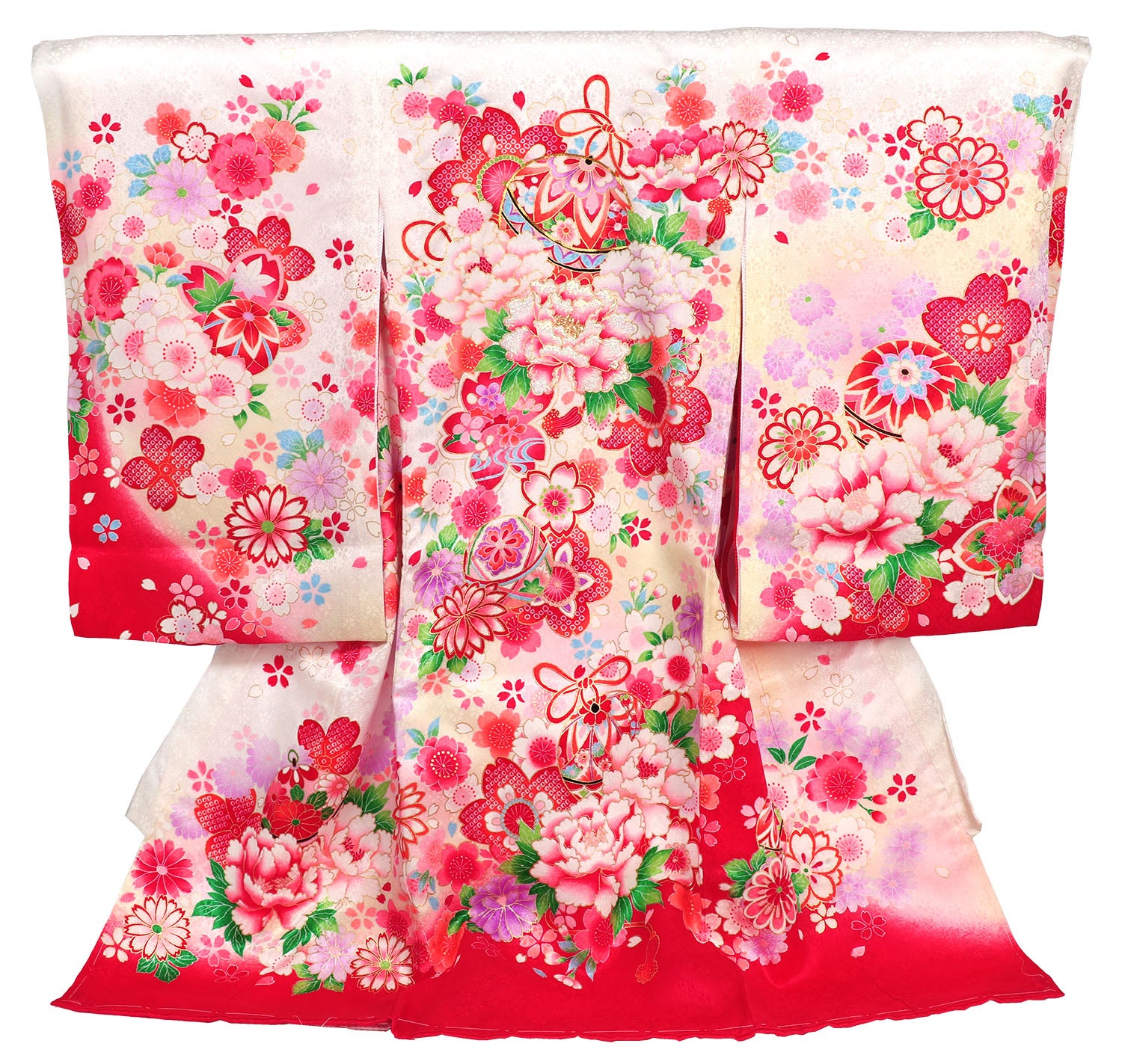 女の子 お宮参り 産着 レンタル6点フルセット 正絹 鈴と牡丹の花々 白色に赤ぼかし