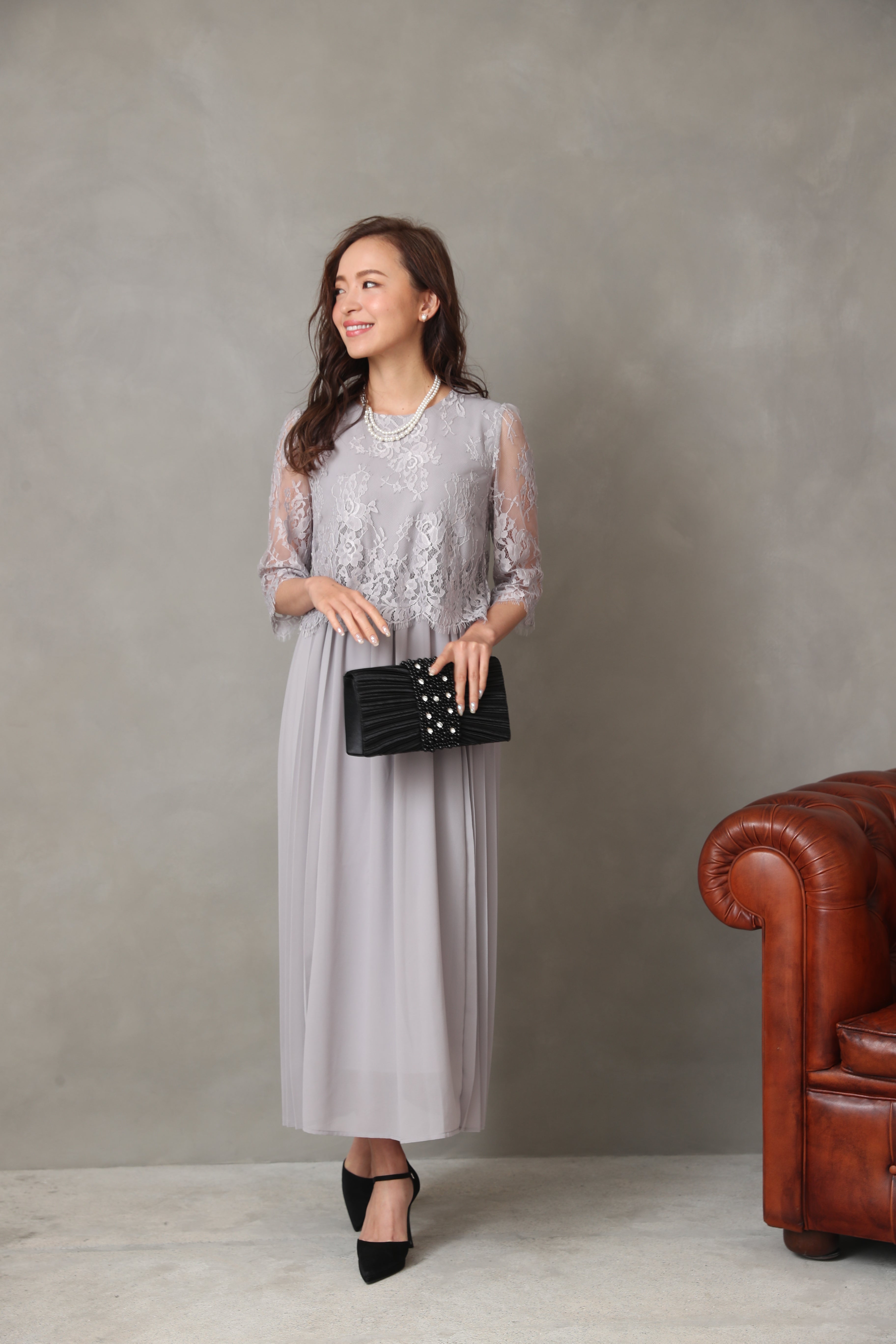 [レンタル] BELINDA DE CAPRIS サイドプリーツ レーススリーブ ワンピースドレス グレーの宅配レンタル - 6