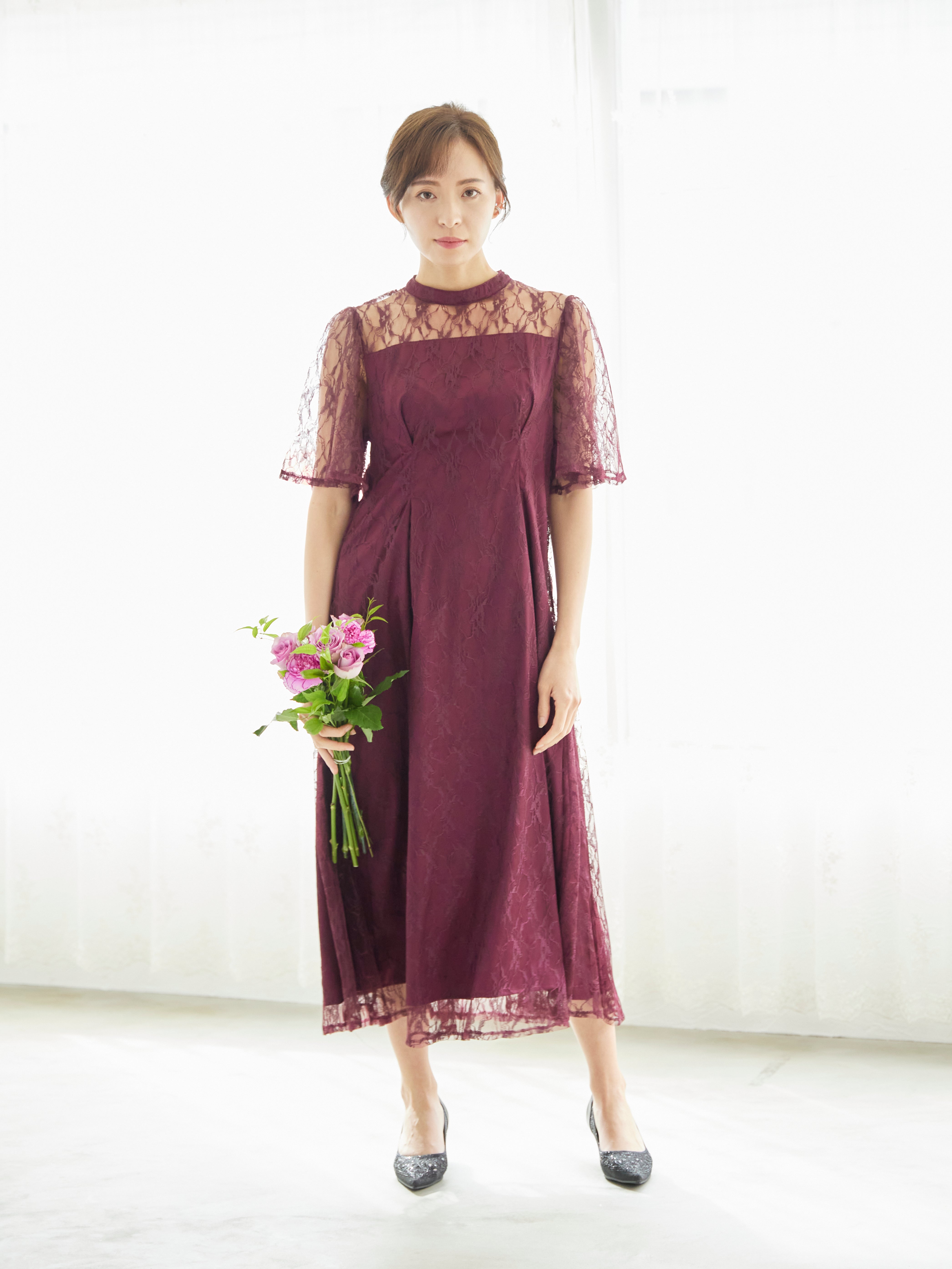 [レンタル] BELINDA DE CAPRIS 総レースフレア袖 ハイネック ワンピースドレス ワインレッドの宅配レンタル - 11