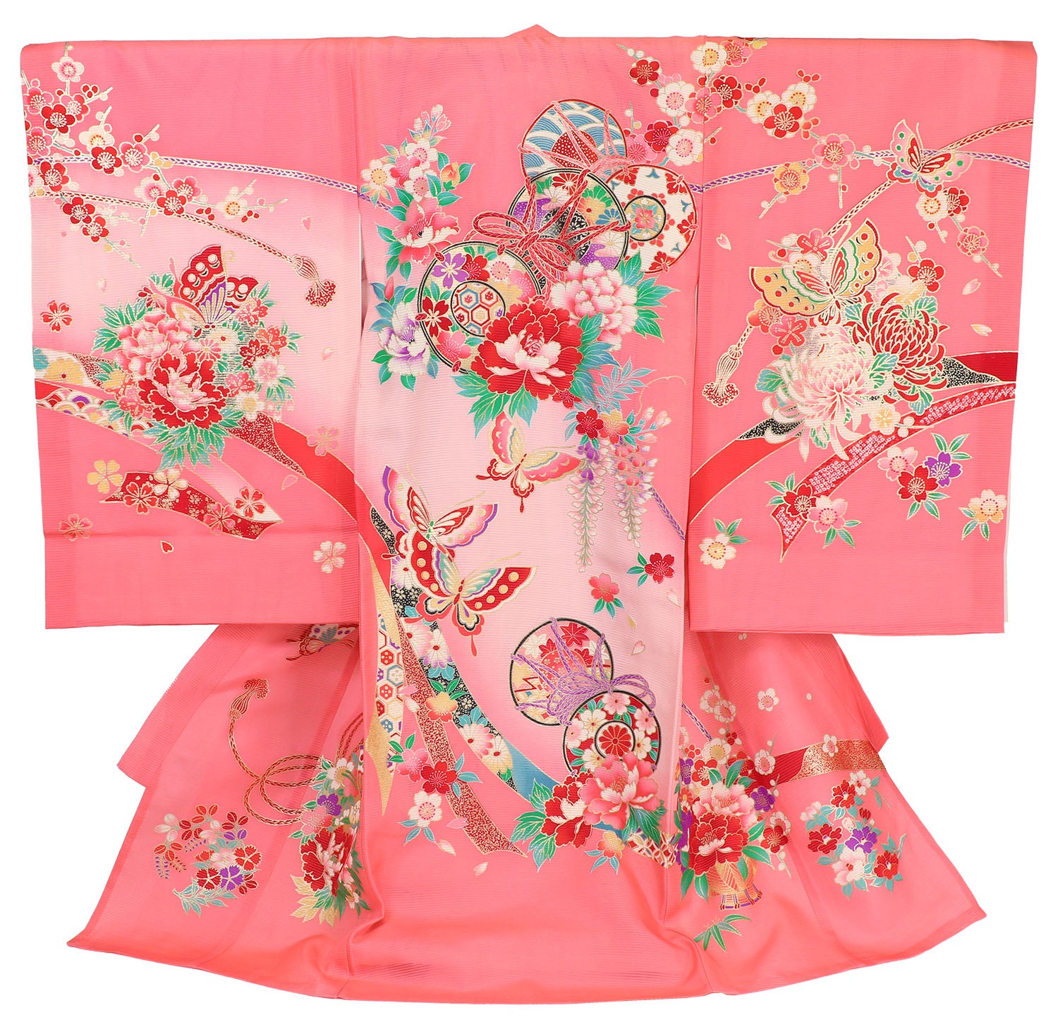 [レンタル] 女の子 お宮参り 産着 絽（夏用） レンタル6点フルセット 正絹 鼓に蝶と熨斗 濃ピンク色