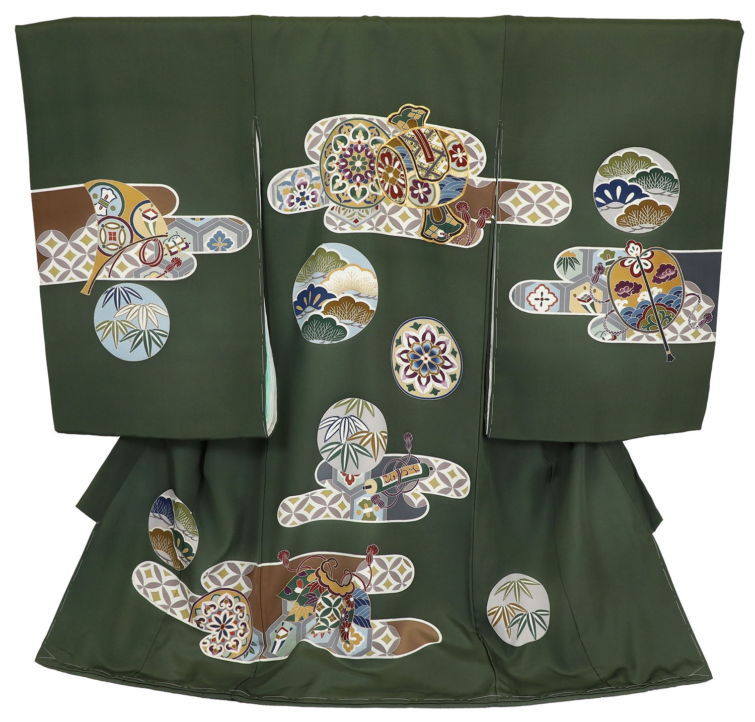 [手描友禅] 男の子 お宮参り 産着 手描友禅 レンタル6点フルセット 正絹 霞に小槌 深緑色