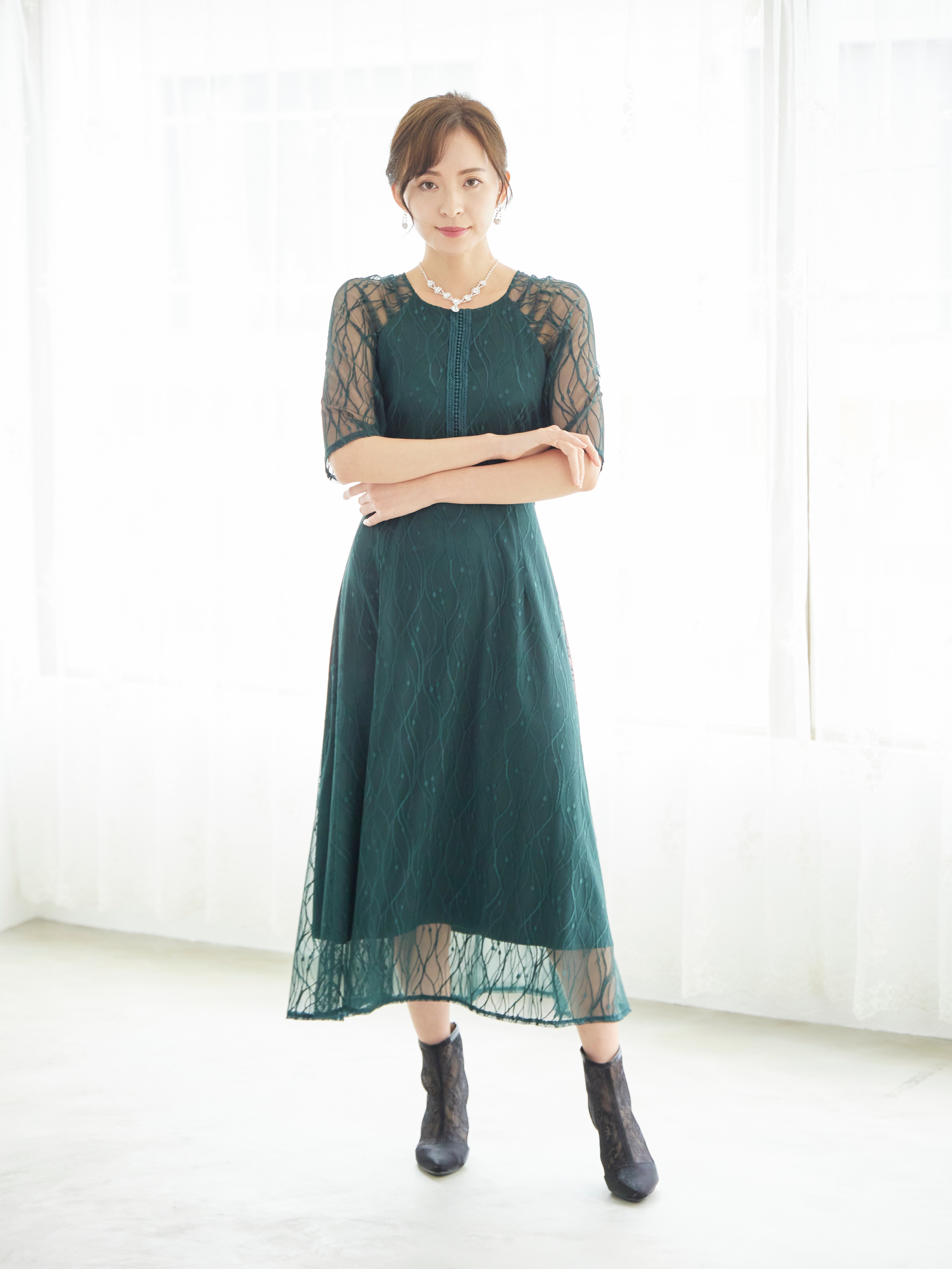 [レンタル] BELINDA DE CAPRIS ラグランスリーブレース ワンピースドレス グリーンの宅配レンタル - 2