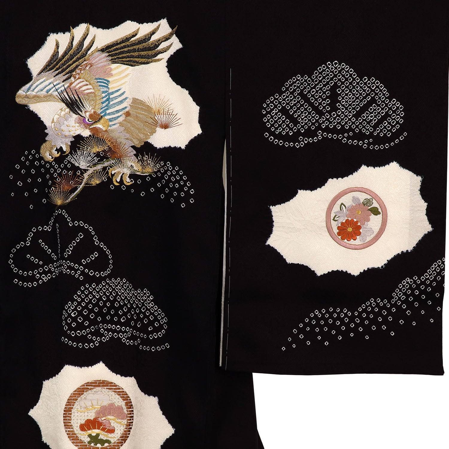 [レンタル] 男の子 お宮参り 産着 レンタル6点フルセット 正絹 刺繍の鷹に松と玉手箱 疋田の黒色の宅配レンタル - 3