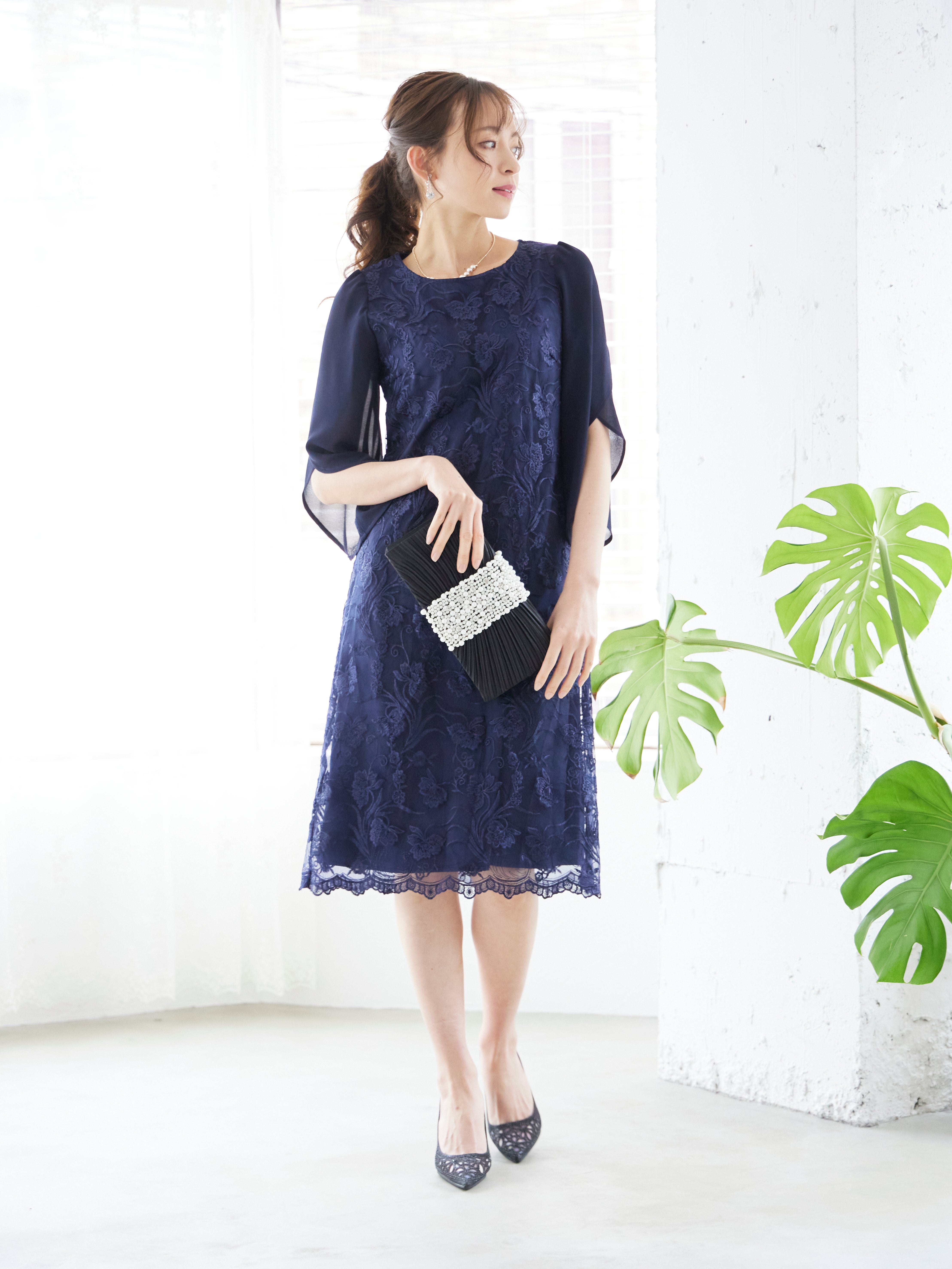 [レンタル] BELINDA DE CAPRIS 刺繍2枚袖 ワンピースドレス ネイビーの宅配レンタル - 3