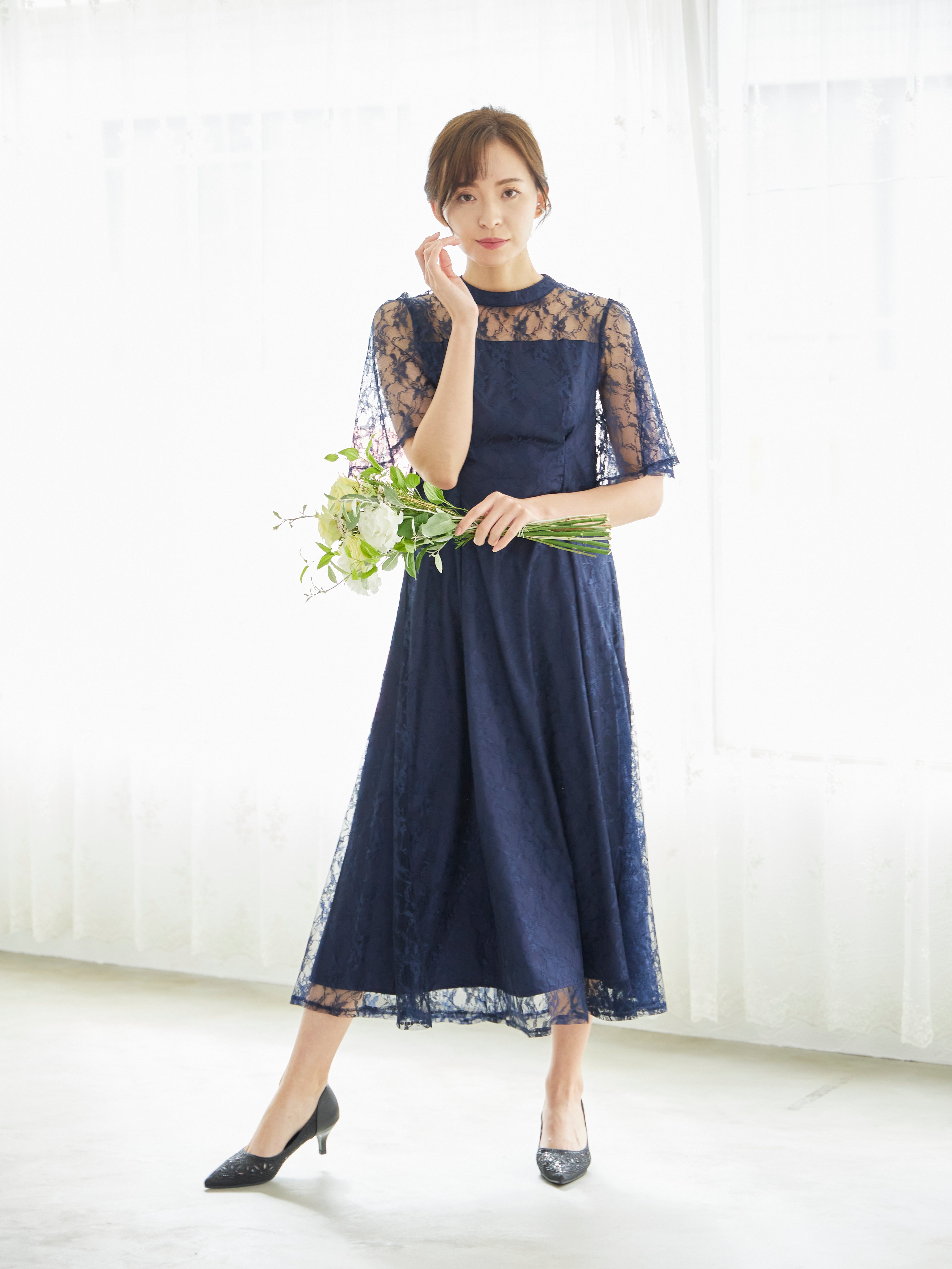 [レンタル] BELINDA DE CAPRIS 総レースフレア袖 ハイネック ワンピースドレス ネイビーの宅配レンタル - 2