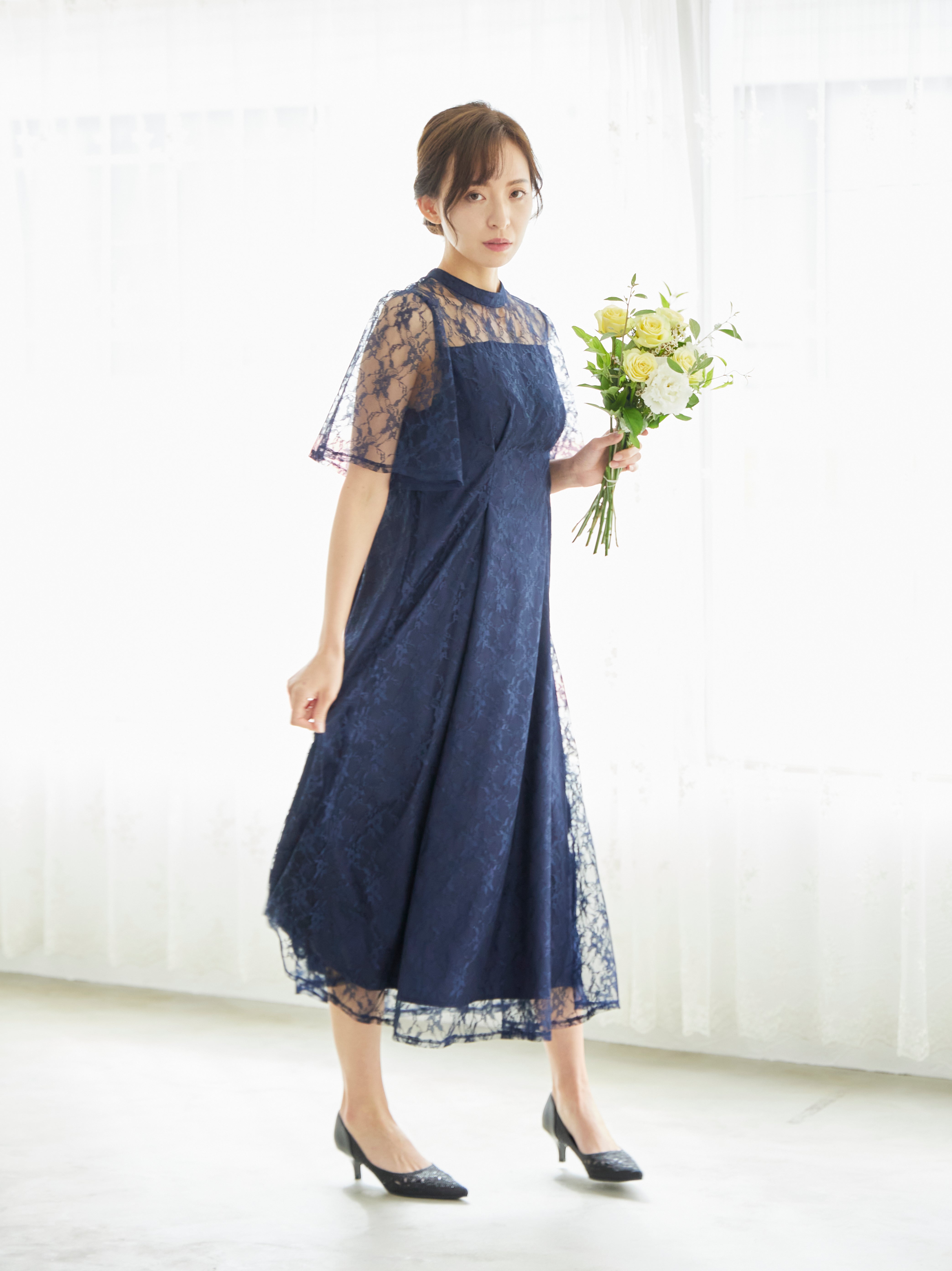 [レンタル] BELINDA DE CAPRIS 総レースフレア袖 ハイネック ワンピースドレス ネイビーの宅配レンタル - 4