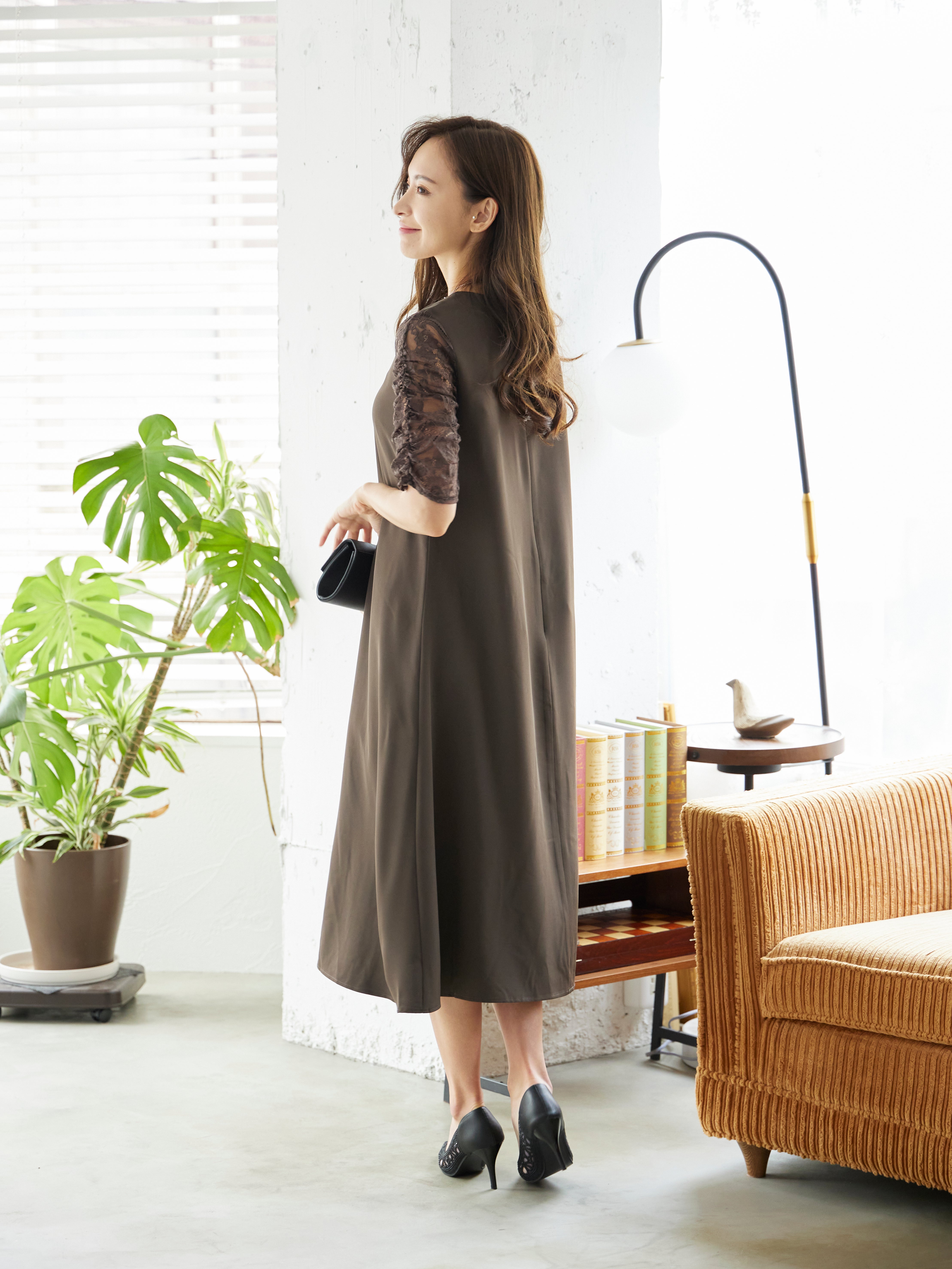 [レンタル] BELINDA DE CAPRIS Vネックギャザースリープ ワンピースドレス ブラウンの宅配レンタル - 8