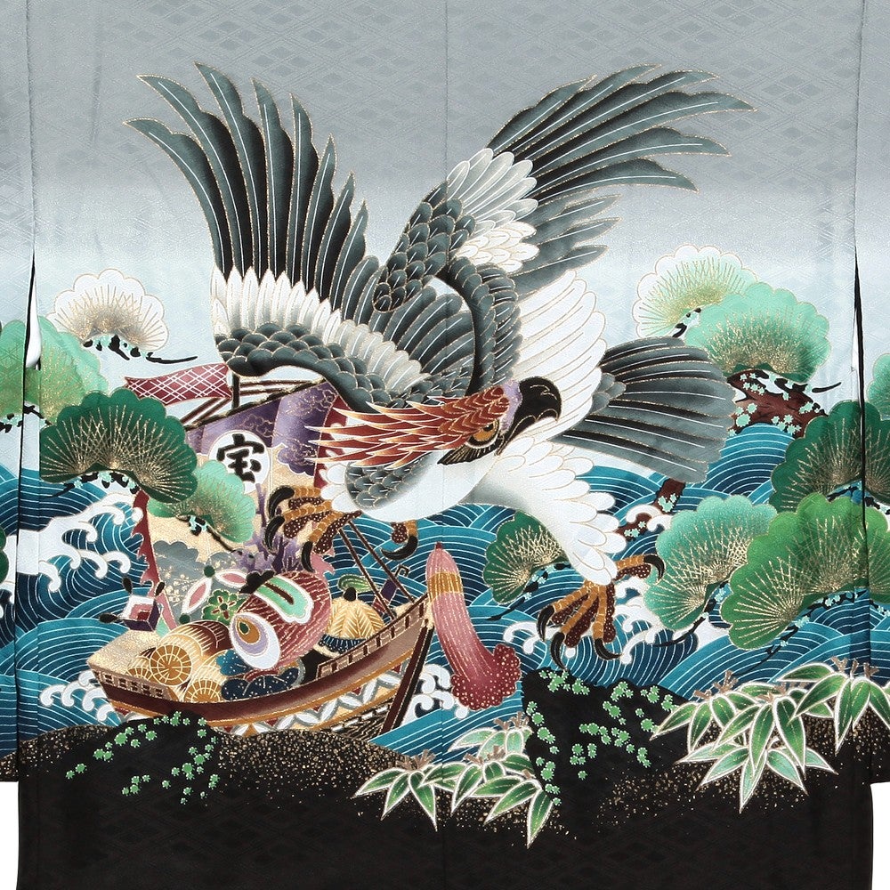 [レンタル] 七五三/節句 袴セット 3歳男の子 凛々しい鷹 金色刺繍 グレー