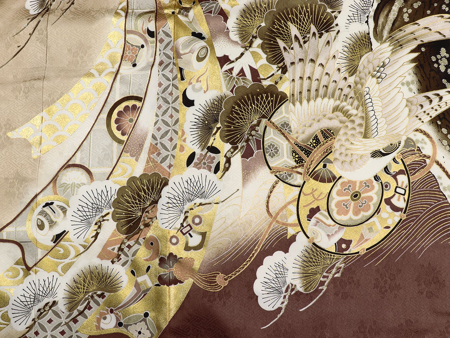 [レンタル] 男の子 お宮参り 産着 レンタル6点フルセット 正絹 二羽鷹に束熨斗と鼓 紗綾形のブラウン色ぼかしの宅配レンタル - 5