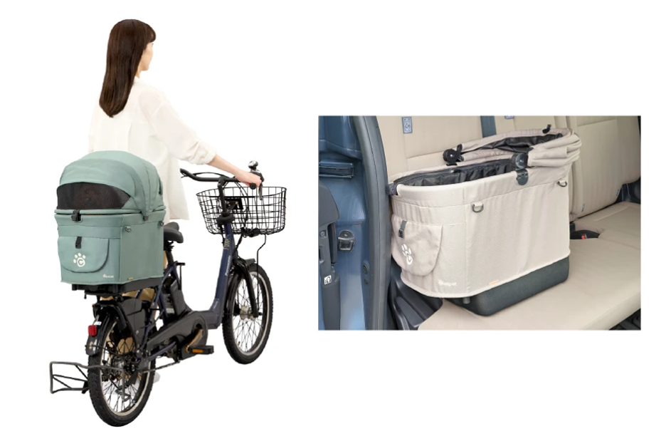 コンビ ペット用カート ミリミリキャリ― 自転車の後部に装着した使用イメージと車のシートに設置した状態 - 6