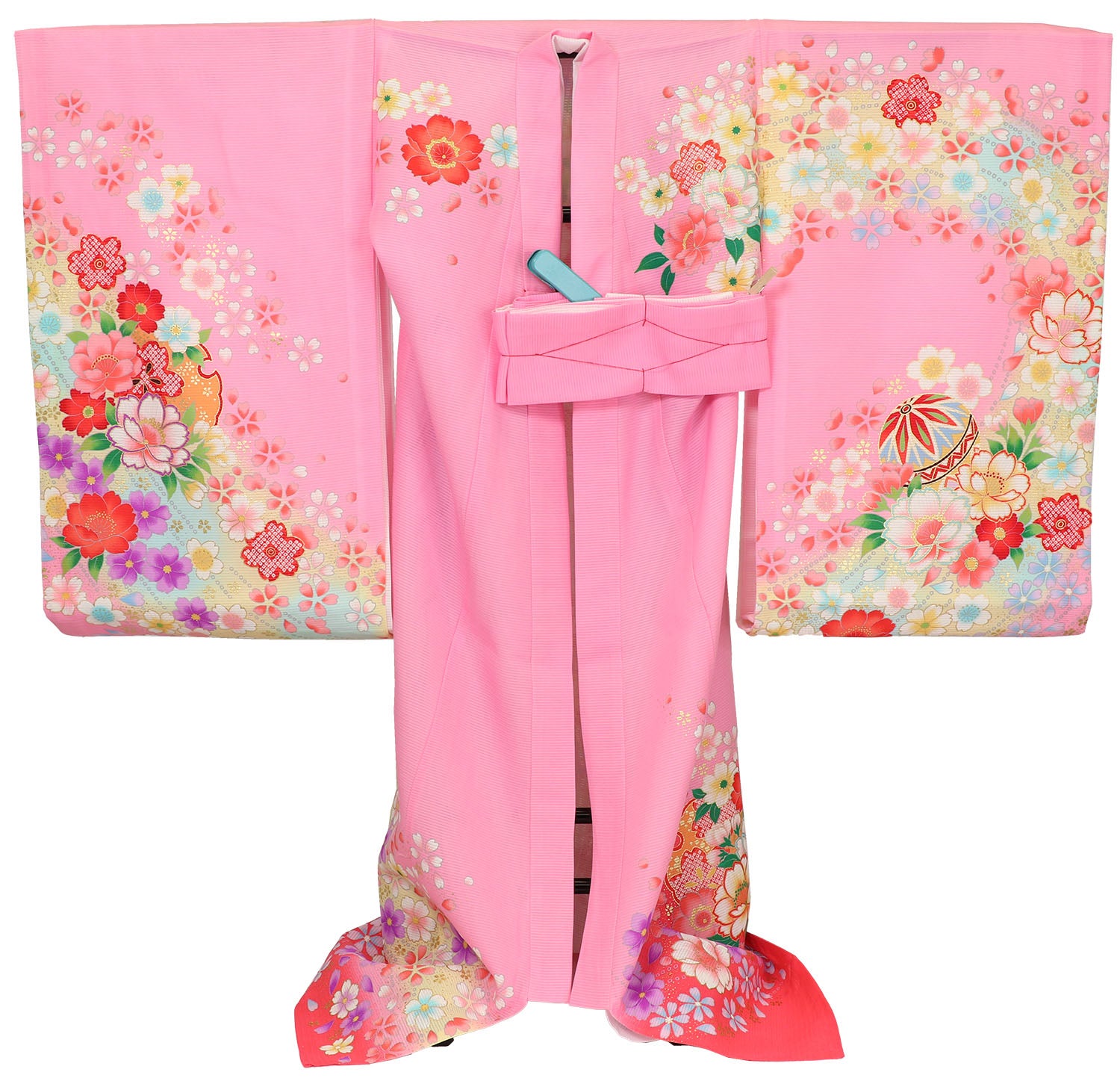 [レンタル] 女の子 お宮参り 産着 絽（夏用） レンタル6点フルセット 正絹 花車に桜散らし ピンク色ぼかしの宅配レンタル - 2