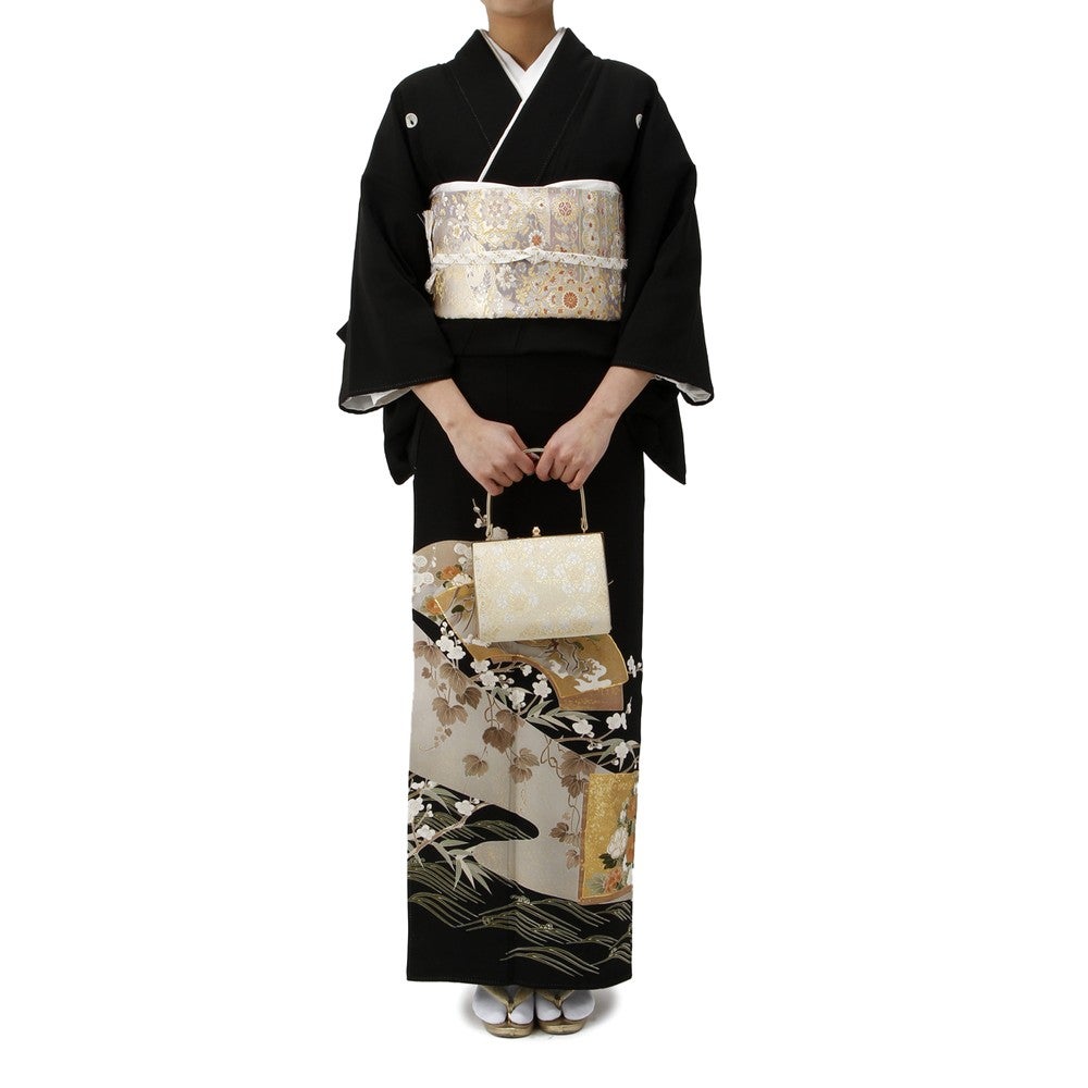 [レンタル] 留袖セット 反物柄 (長襦袢、帯、和装小物一式) ブラック Mサイズ