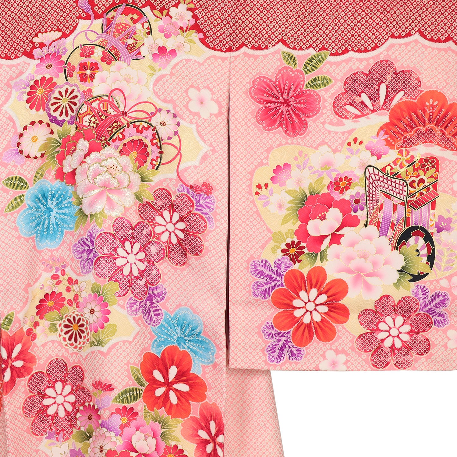 [レンタル] 女の子 お宮参り 産着 レンタル6点フルセット 正絹 鼓に花々 赤色の疋田柄の宅配レンタル - 3