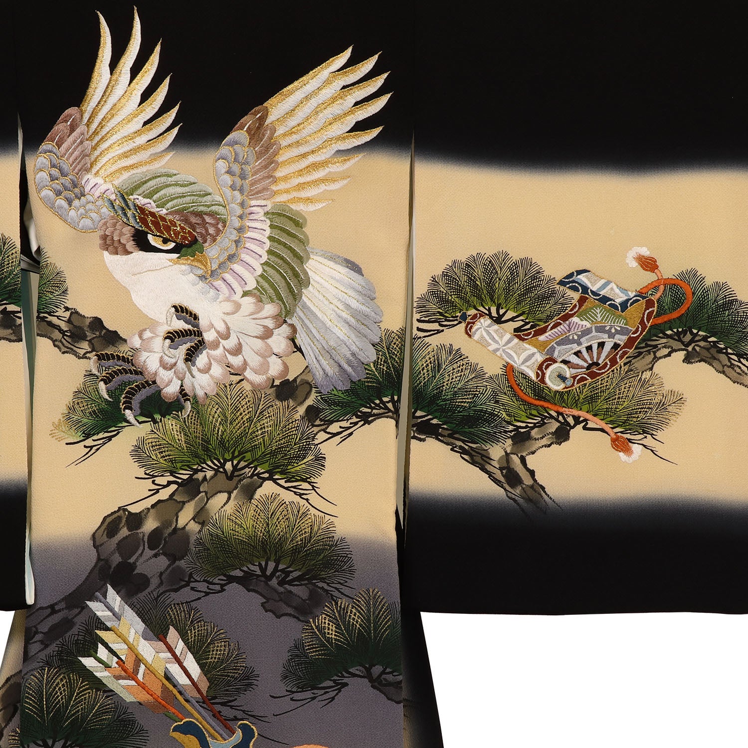 [レンタル] 男の子 お宮参り 産着 レンタル6点フルセット 正絹 刺繍の鷹と弓矢 黒色の宅配レンタル - 3